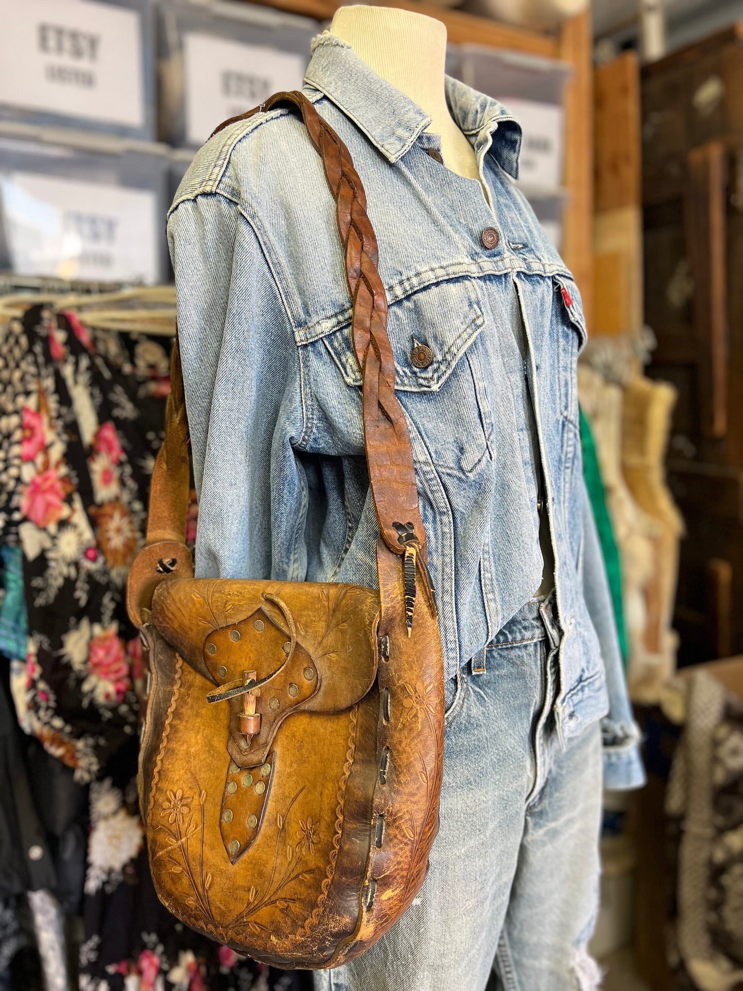 Vintage 70’s Hand Tooled Leather Bag Wood Bone Closure Brass Hardware Braided Strap