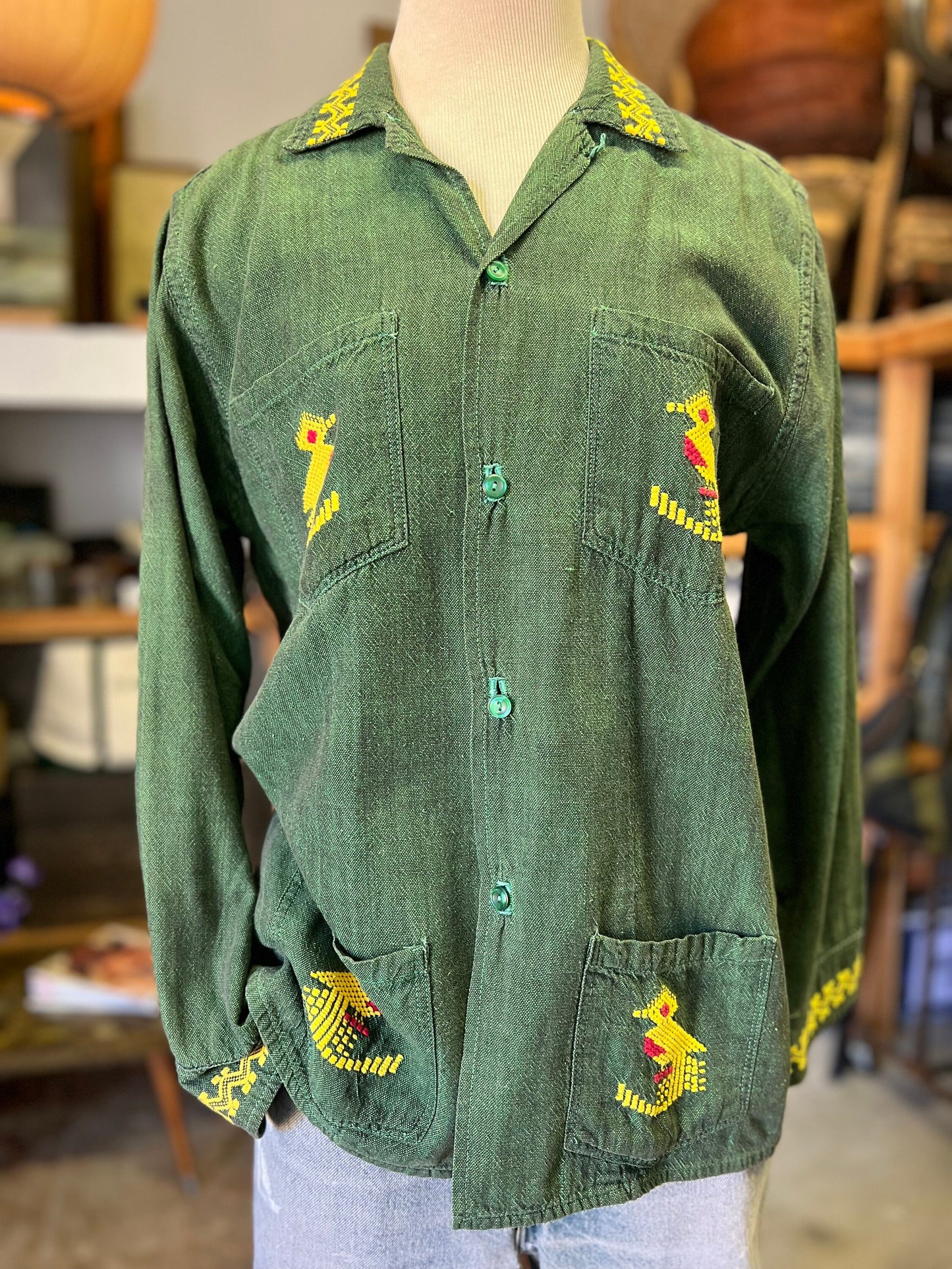 Vintage Embroidered Birds Peacocks Handmade Patch Pocket Guatemalan Jacket Embroidery