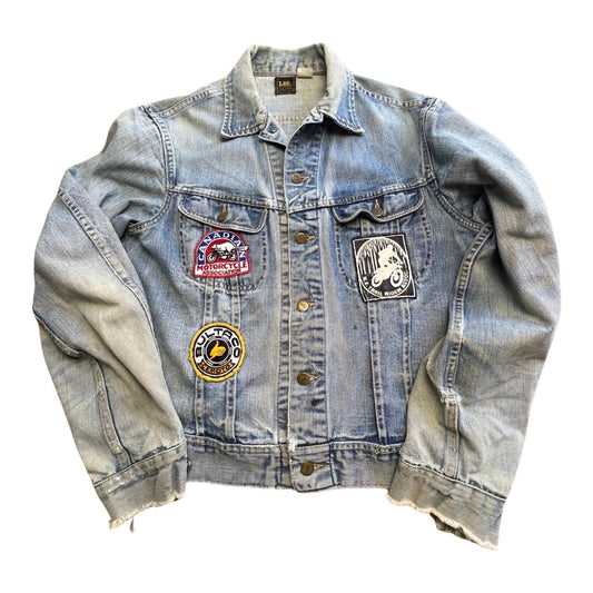 Vintage Rare Lee Sanforized Denim Jacket Motorcycle Patches Bultaco