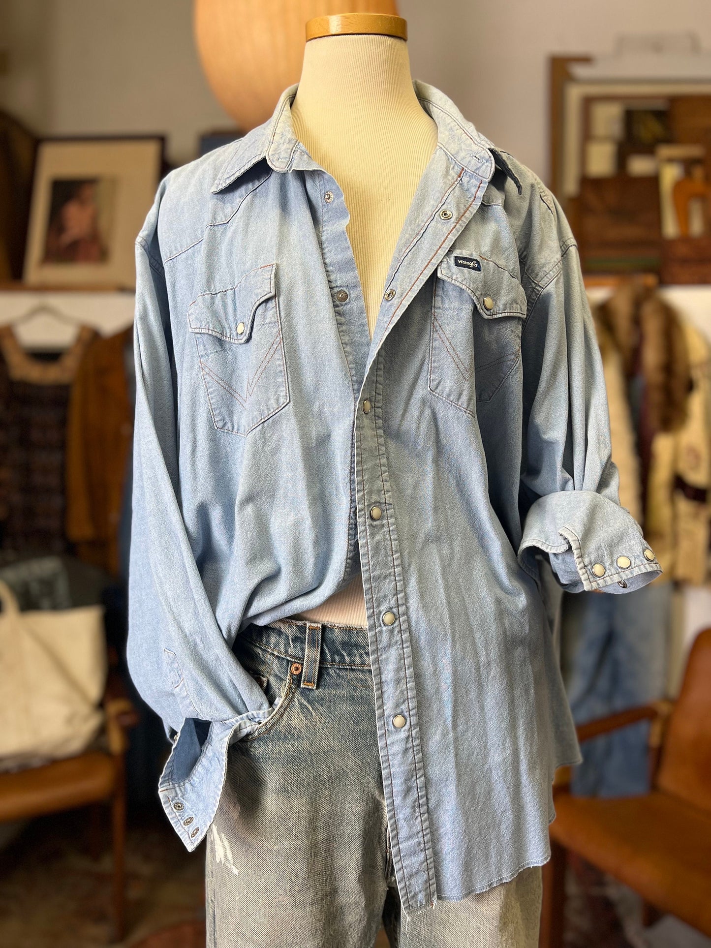 Vintage Wrangler Denim Pearl Snap Front Oversized Shirt