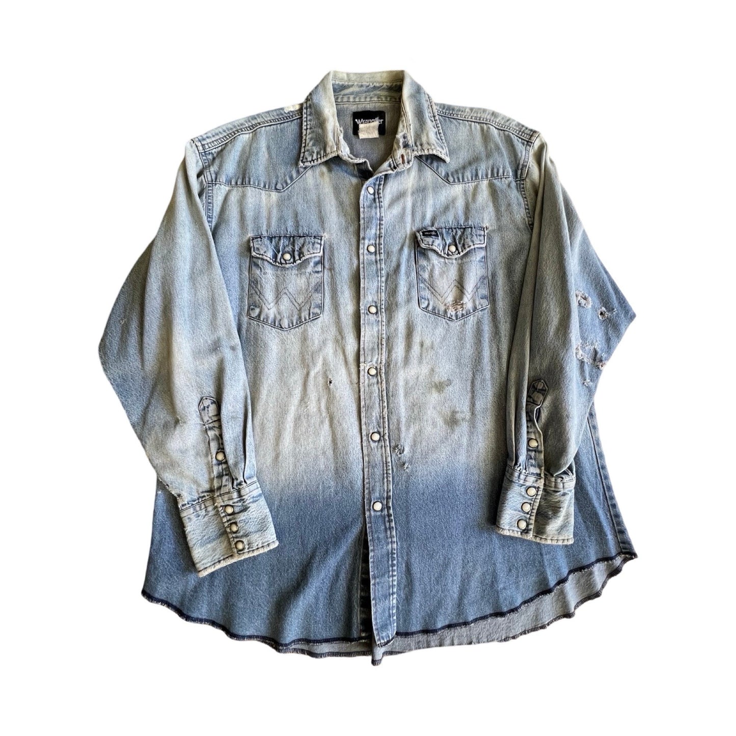 Vintage Faded Distressed Wrangler Denim Pearl Snap Front Shirt Ombré XL