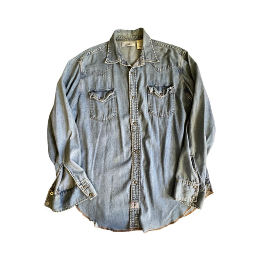 Vintage 90’s Levi’s Denim Metal Snap Front Shirt Raw Hem XL