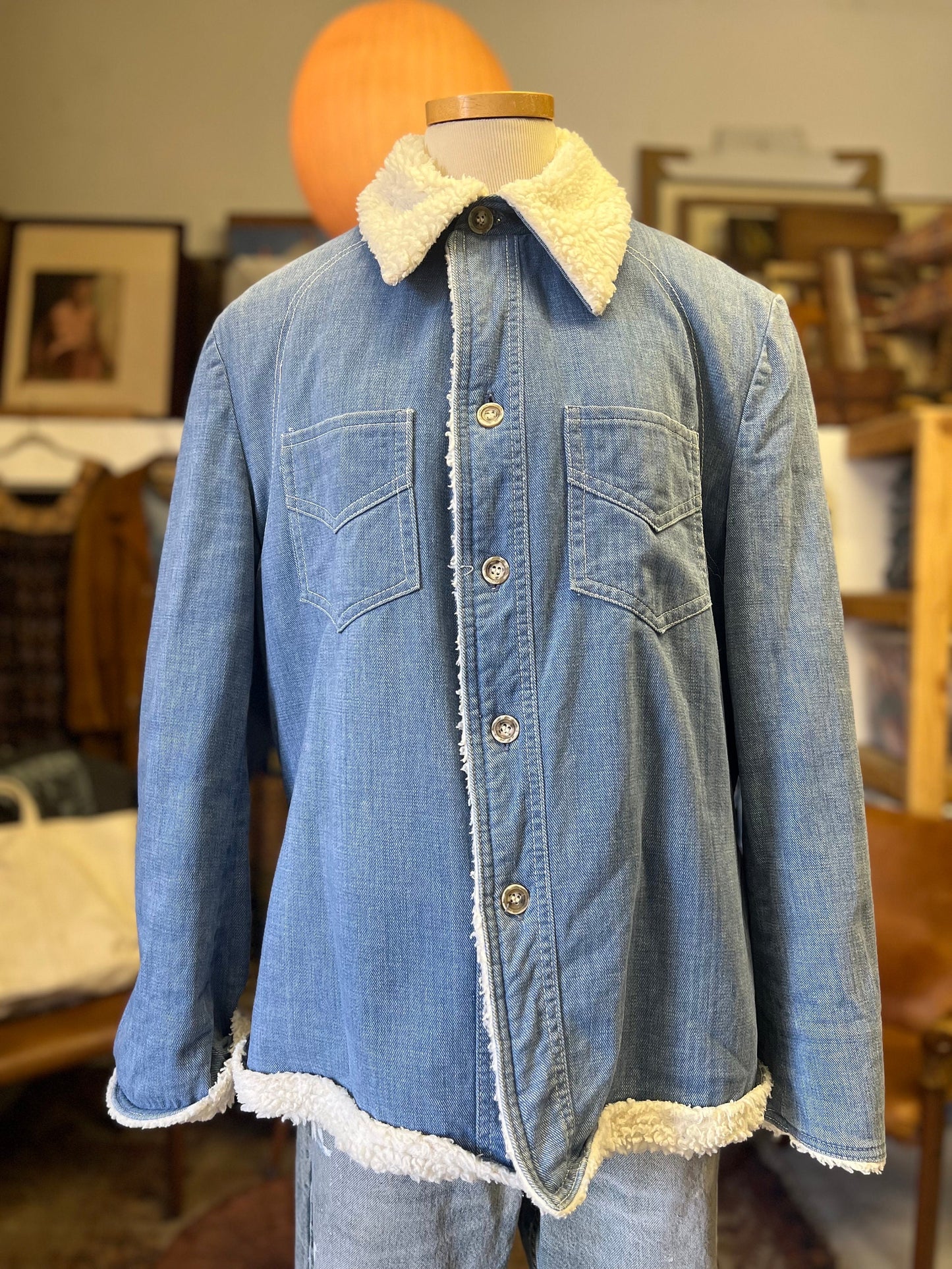 Vintage 70’s A Robert Lewis Idea Denim Shearling Shirt Jacket Size 40