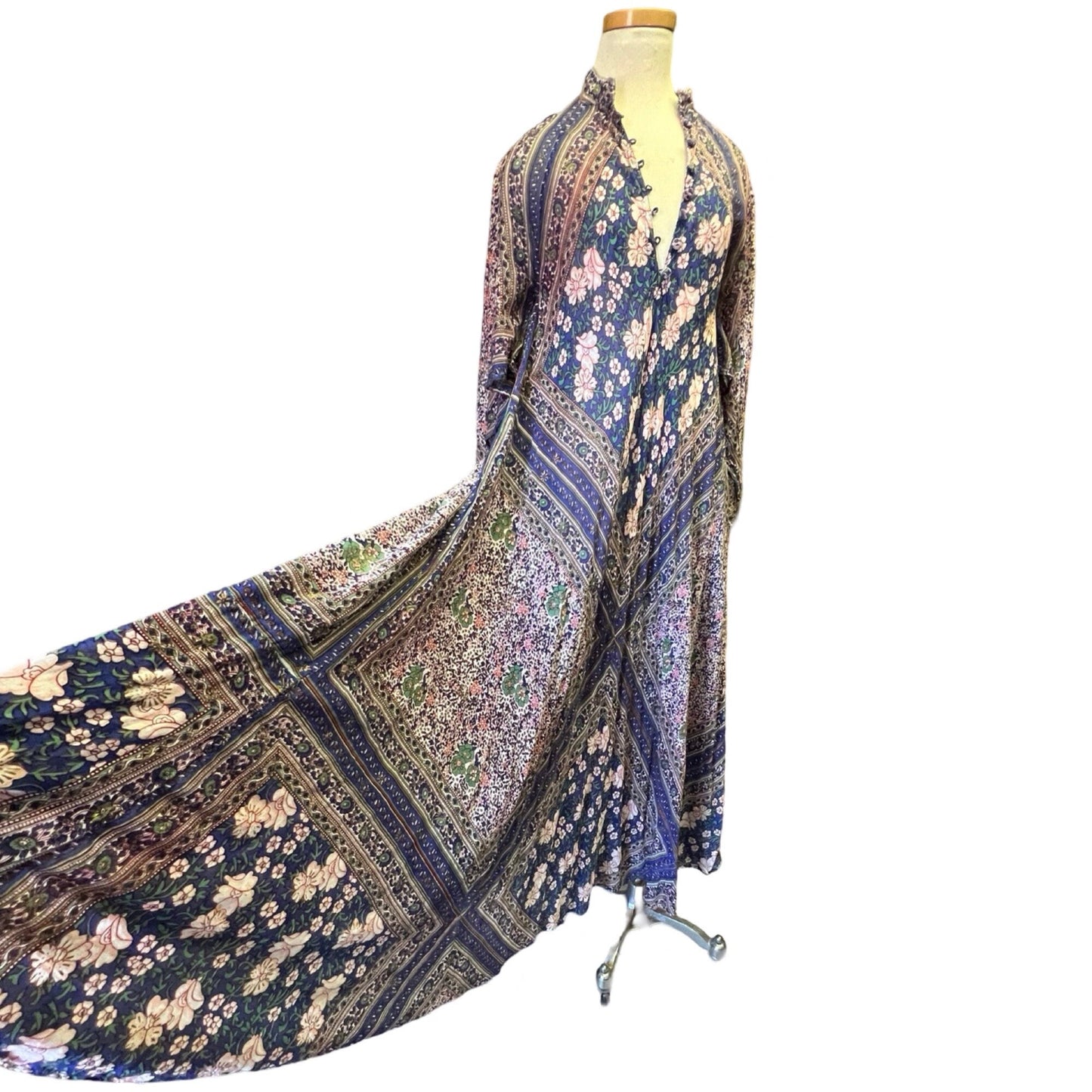 Rare Vintage Sultana by Adini India Block Print Bohemian Goddess Maxi Dress O/S