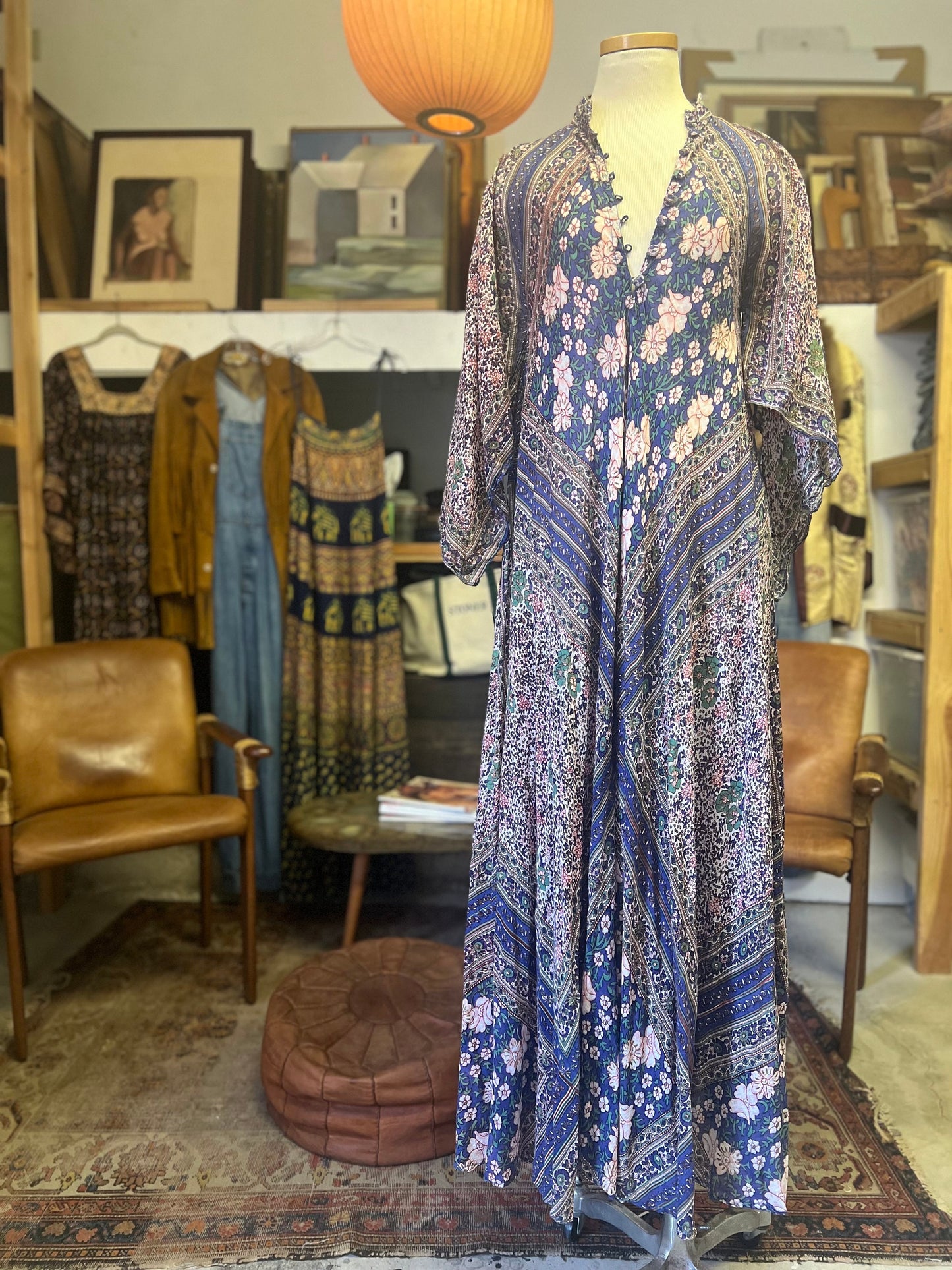 Rare Vintage Sultana by Adini India Block Print Bohemian Goddess Maxi Dress O/S