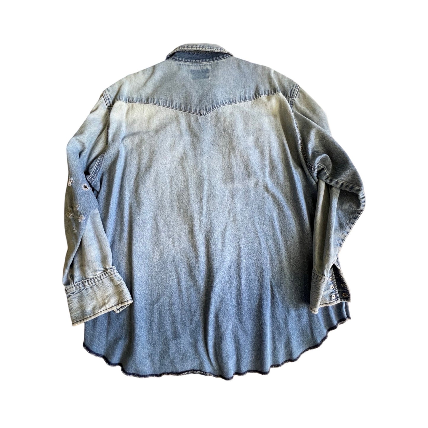 Vintage Faded Distressed Wrangler Denim Pearl Snap Front Shirt Ombré XL