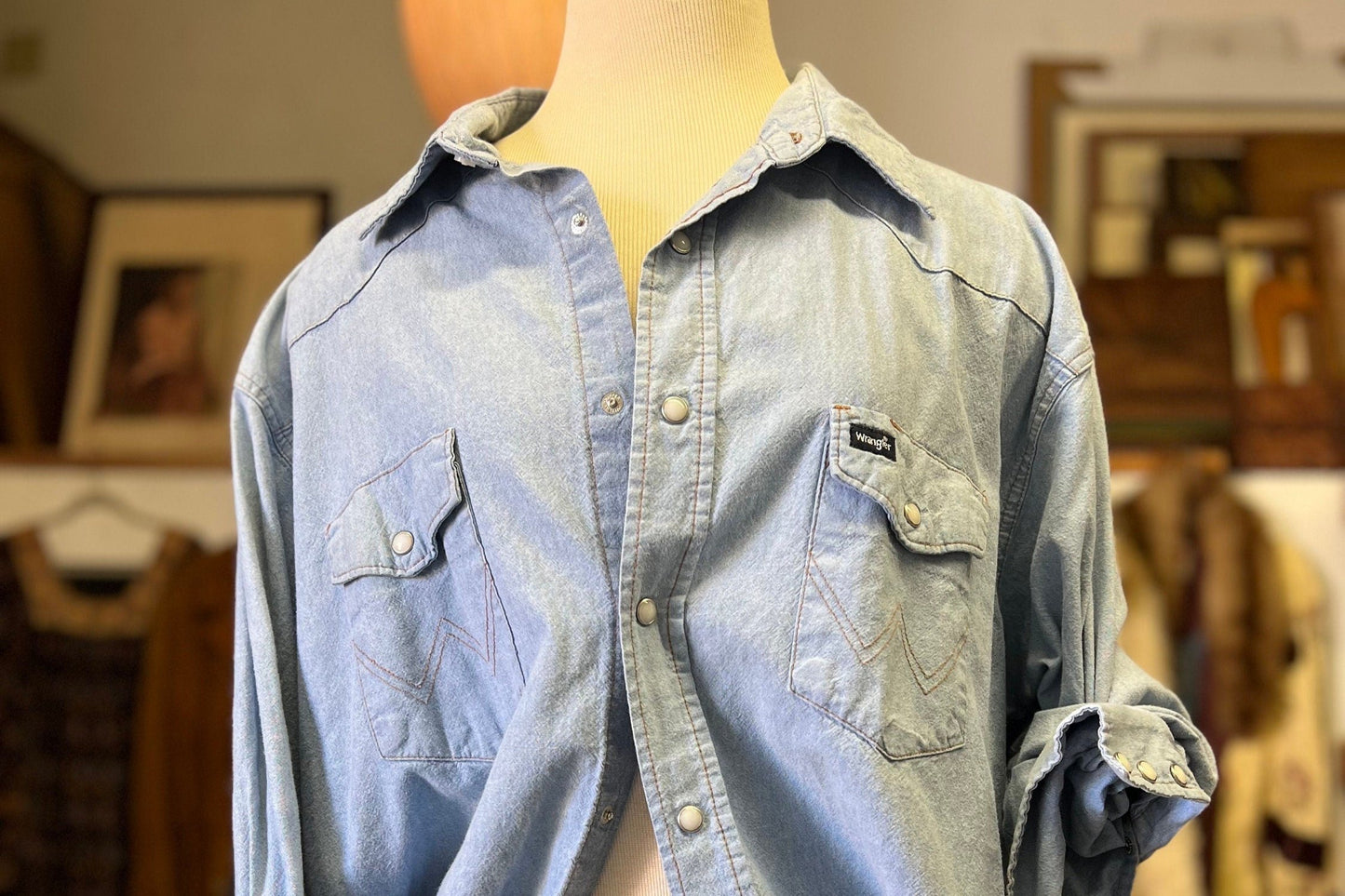 Vintage Wrangler Chambray Denim Pearl Snap Front Shirt Oversized XL/XXL