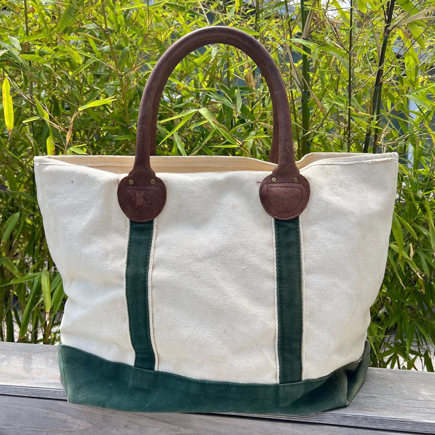 Vintage 80’s Canvas & Leather Well Worn Zip Top Travelon Tote Bag