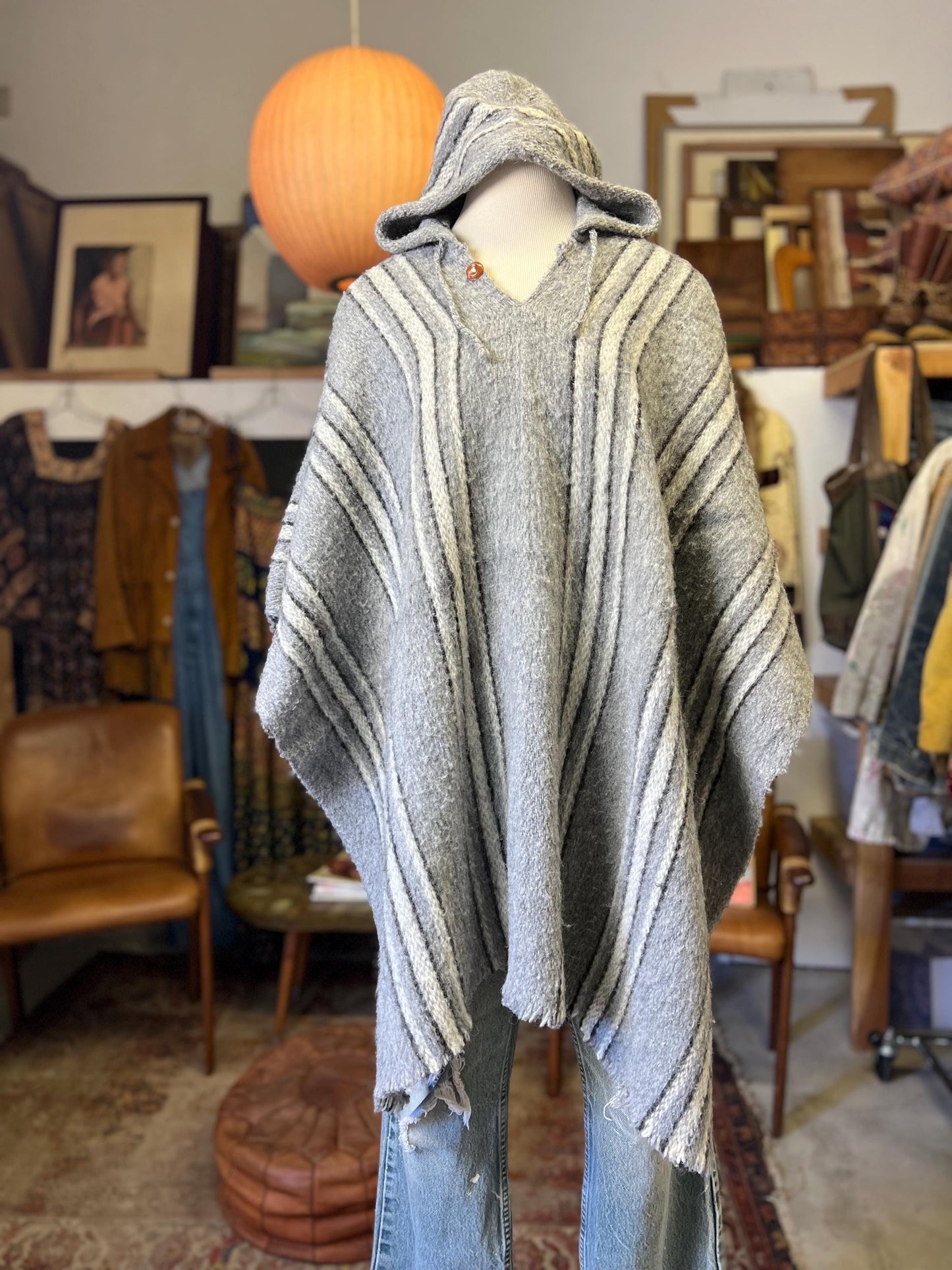 Vintage 70's Handmade Striped Hooded Poncho One Of A Kind OSFA