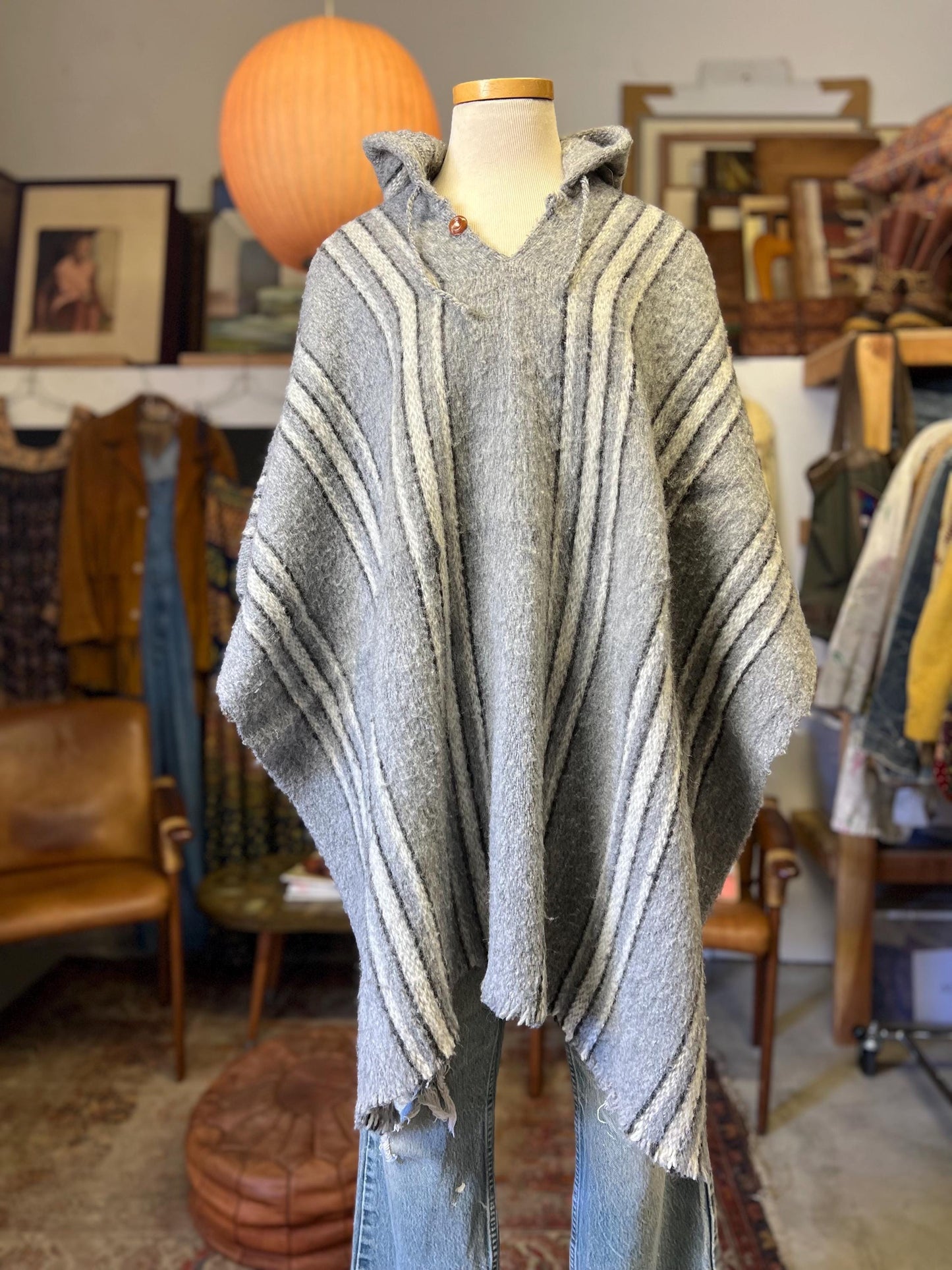 Vintage 70's Handmade Striped Hooded Poncho One Of A Kind OSFA