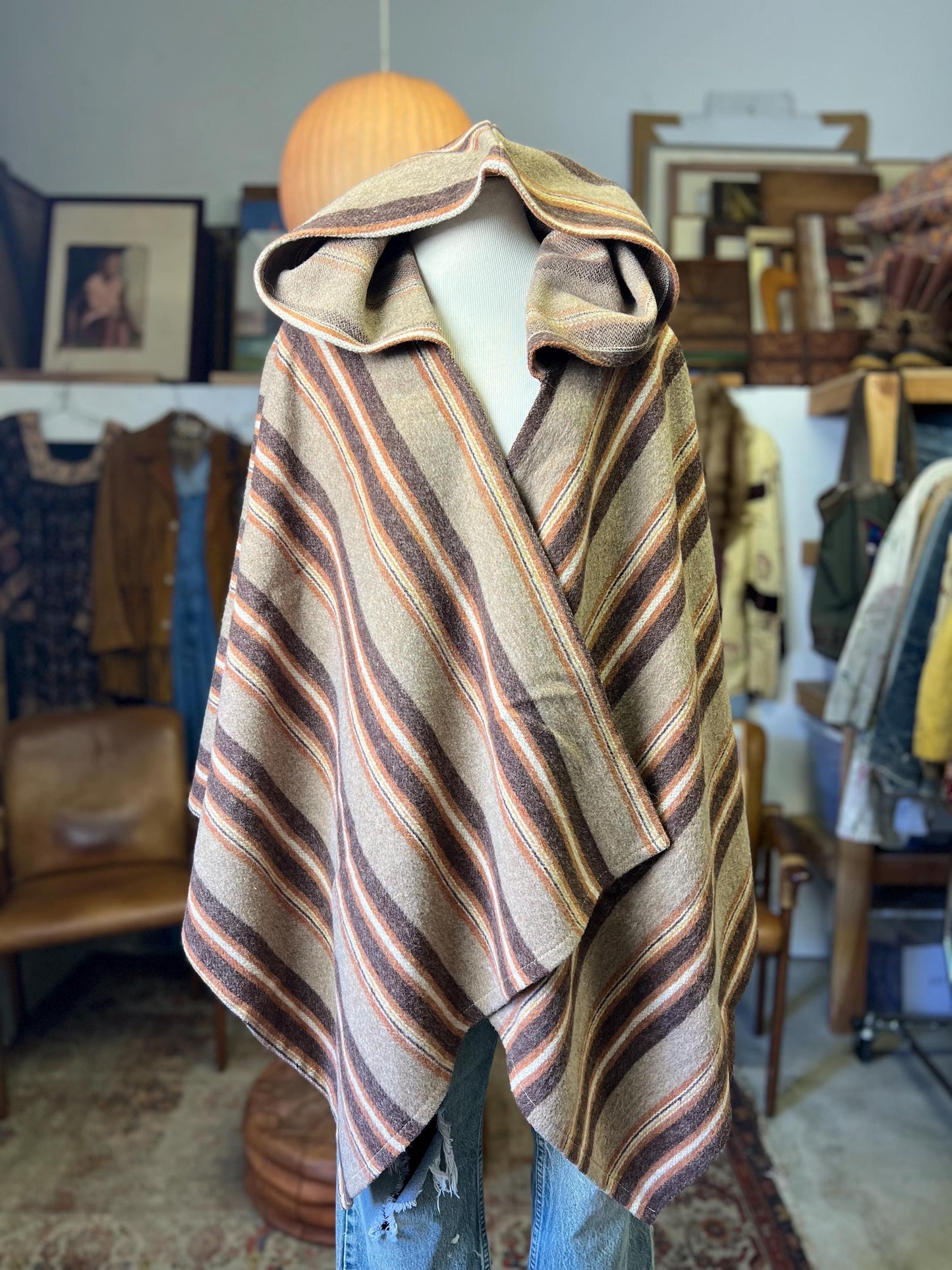Vintage Handmade Earthtone Hooded Poncho Wrap Sweater One Of A Kind OSFA