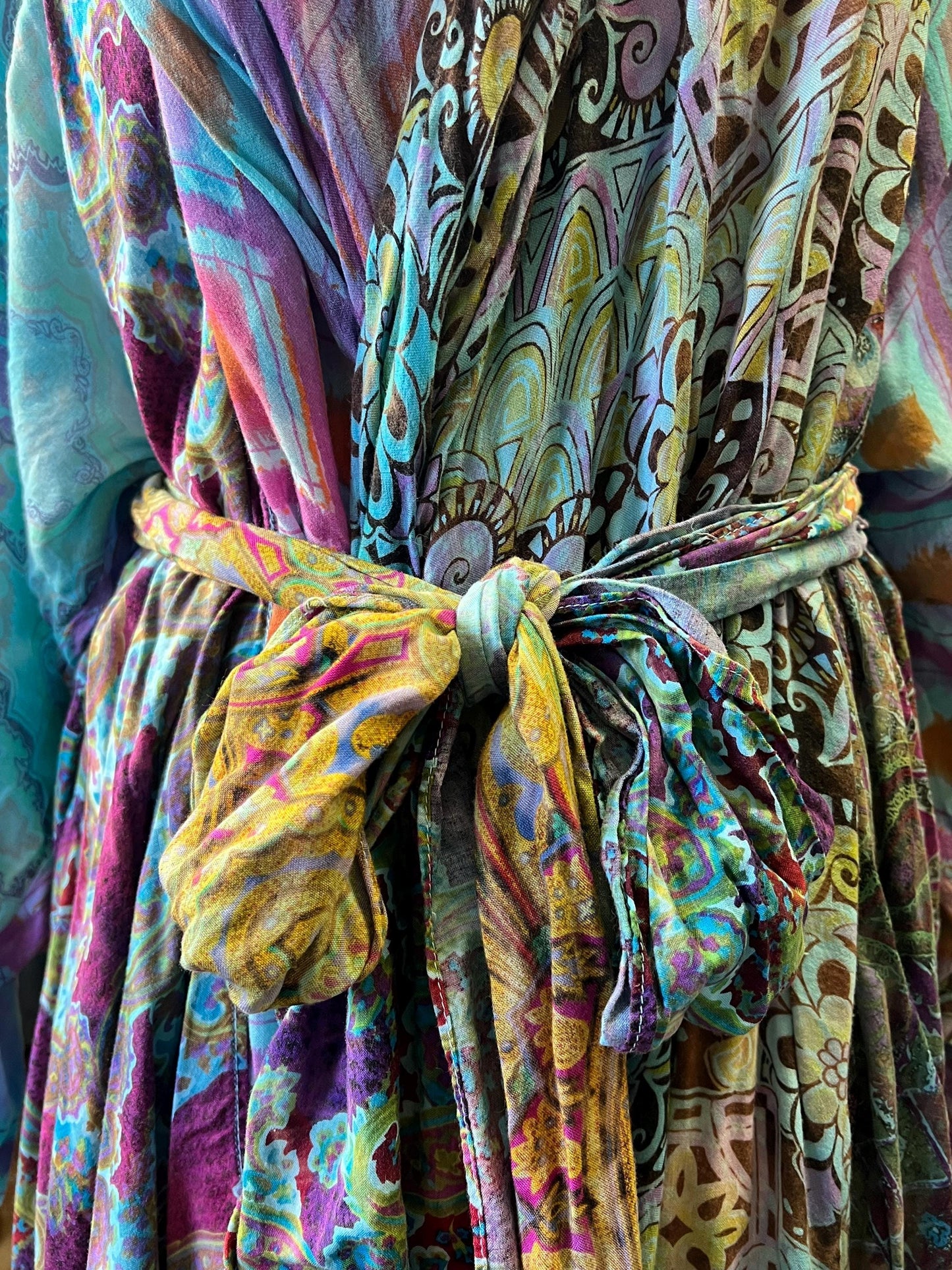 Vintage 80’s URU Printed Bohemian Kimono Wrap Dress w/ Pockets Wearable Art O/S