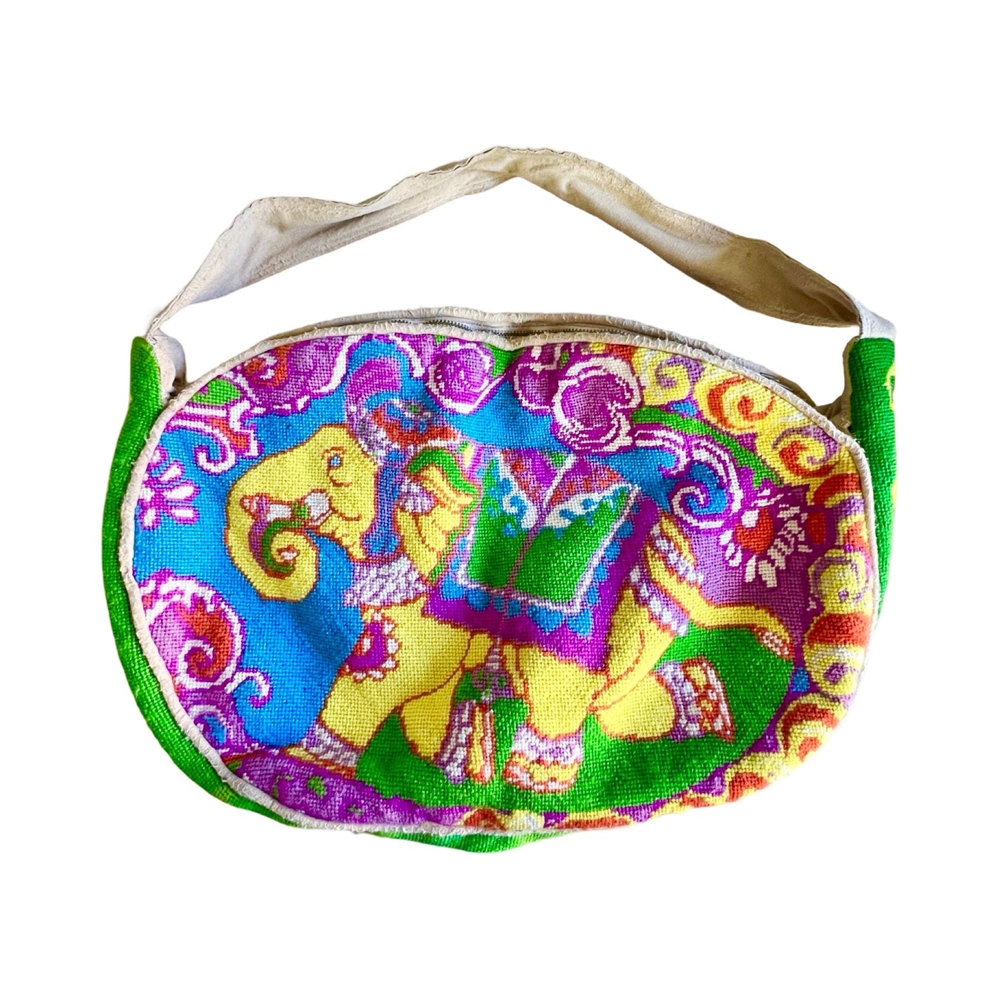 Rare Vintage Handmade Needlepoint Purse Double Sided Elephant & Tiger