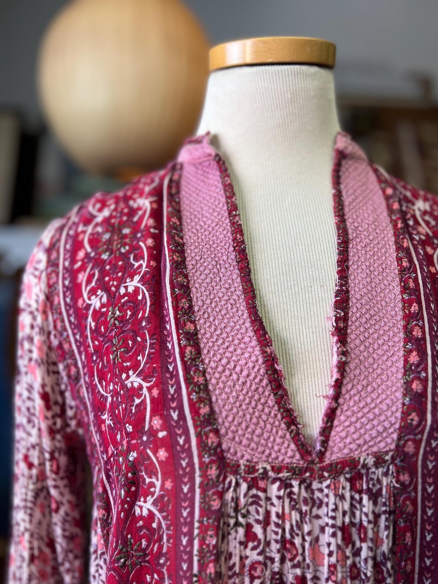 Vintage 70's India Gauze Block Print Midi Dress