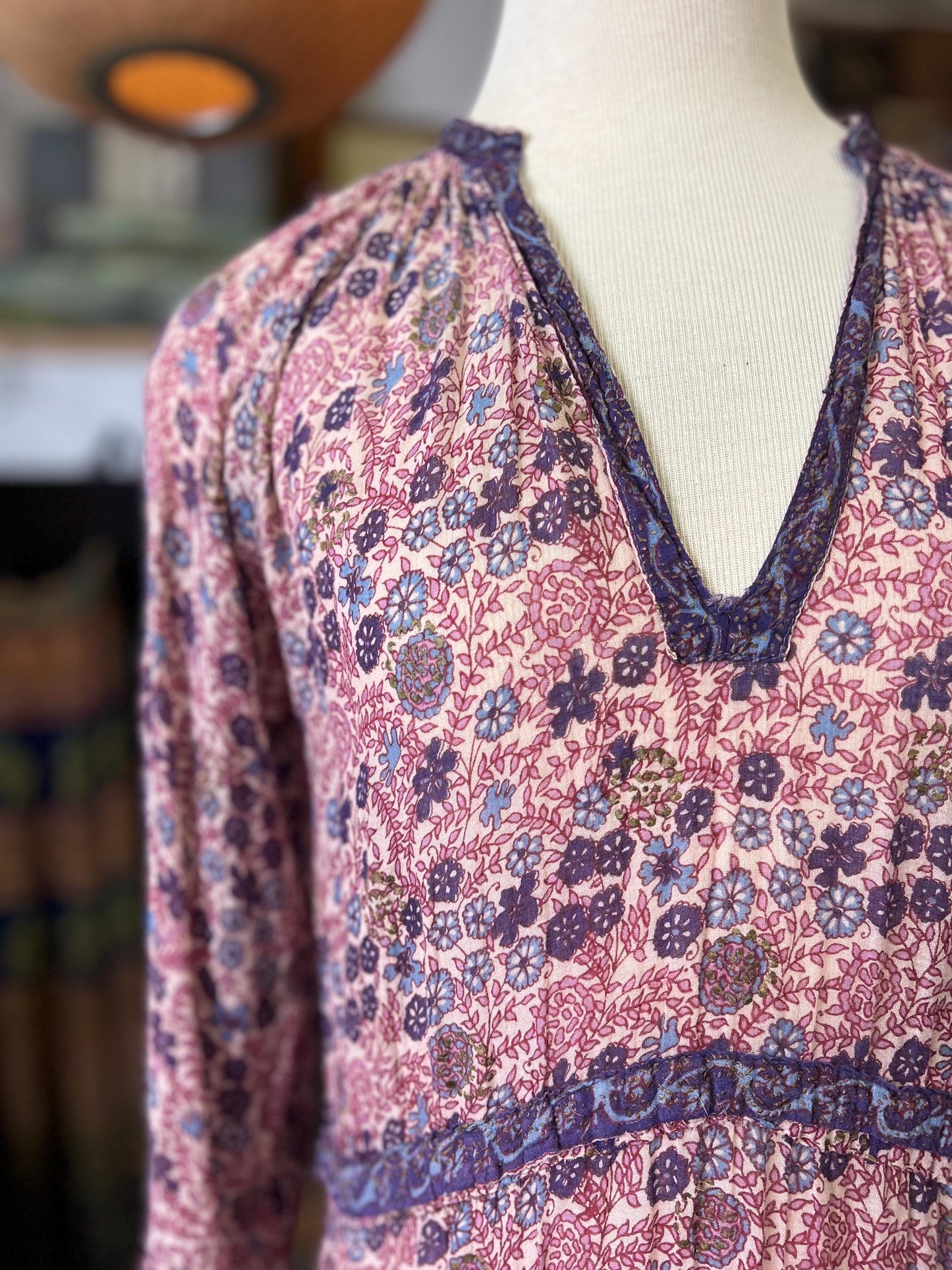 Vintage 70's India Sheer Gauze Block Print Dress XXS