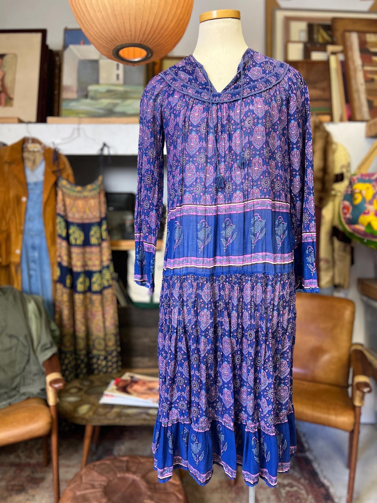 Vintage 70's India Block Print Cotton Gauze Bohemian Midi Dress