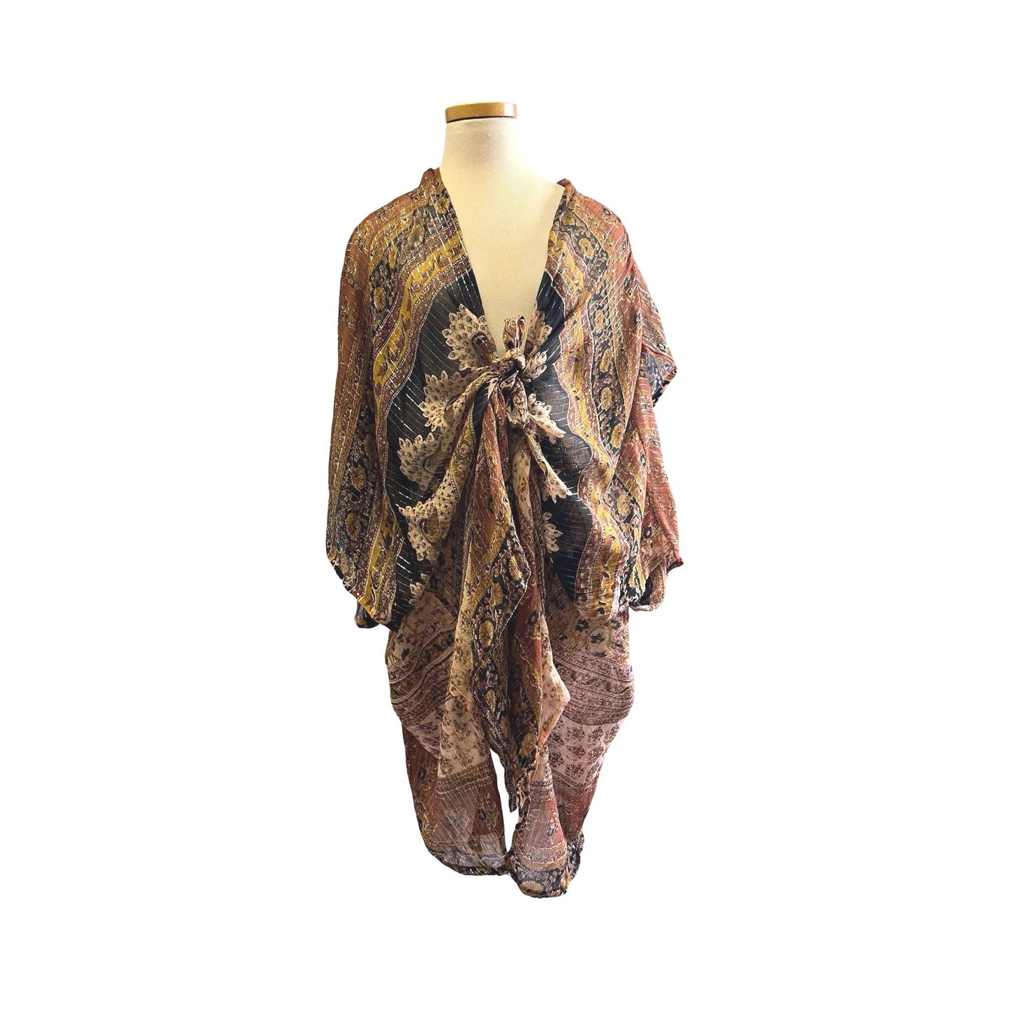 Vintage India Gauze Reworked Kimono Cape Silver Lurex O/S