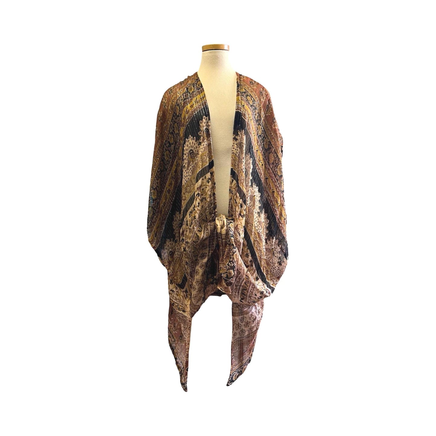 Vintage India Gauze Reworked Kimono Cape Silver Lurex O/S