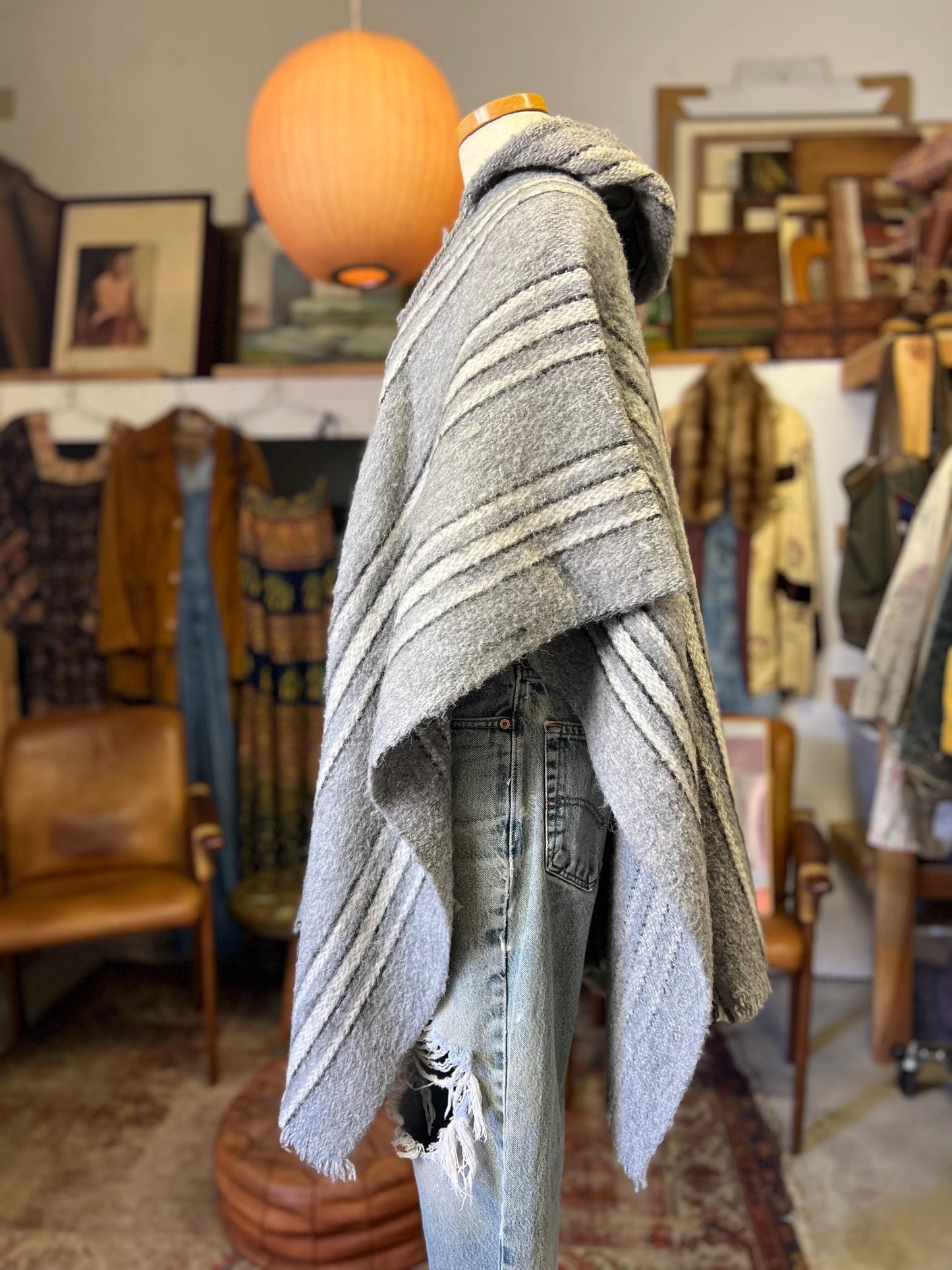 Vintage 70's Handmade Striped Hooded Poncho One Of A Kind OSFA