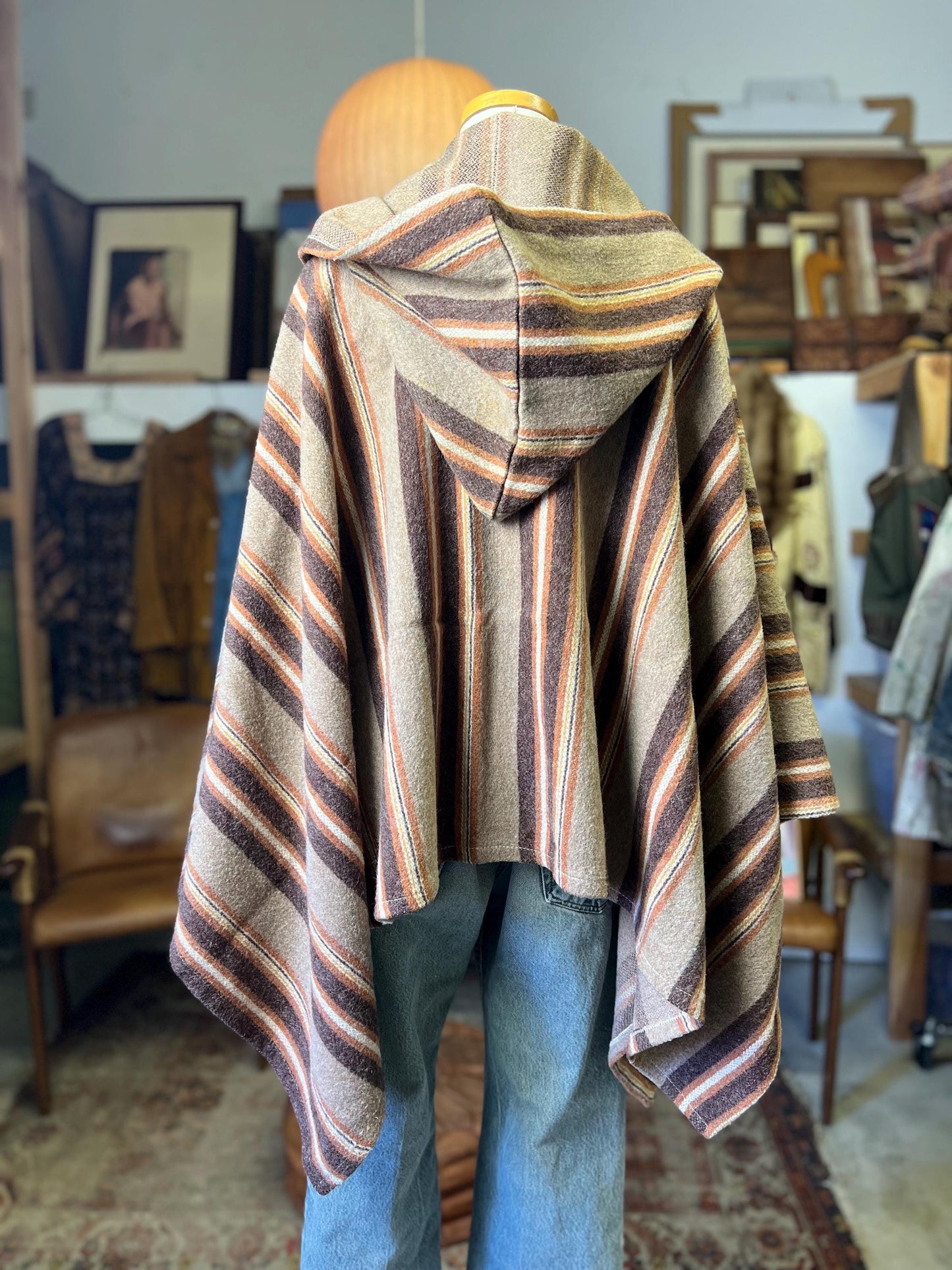 Vintage Handmade Earthtone Hooded Poncho Wrap Sweater One Of A Kind OSFA
