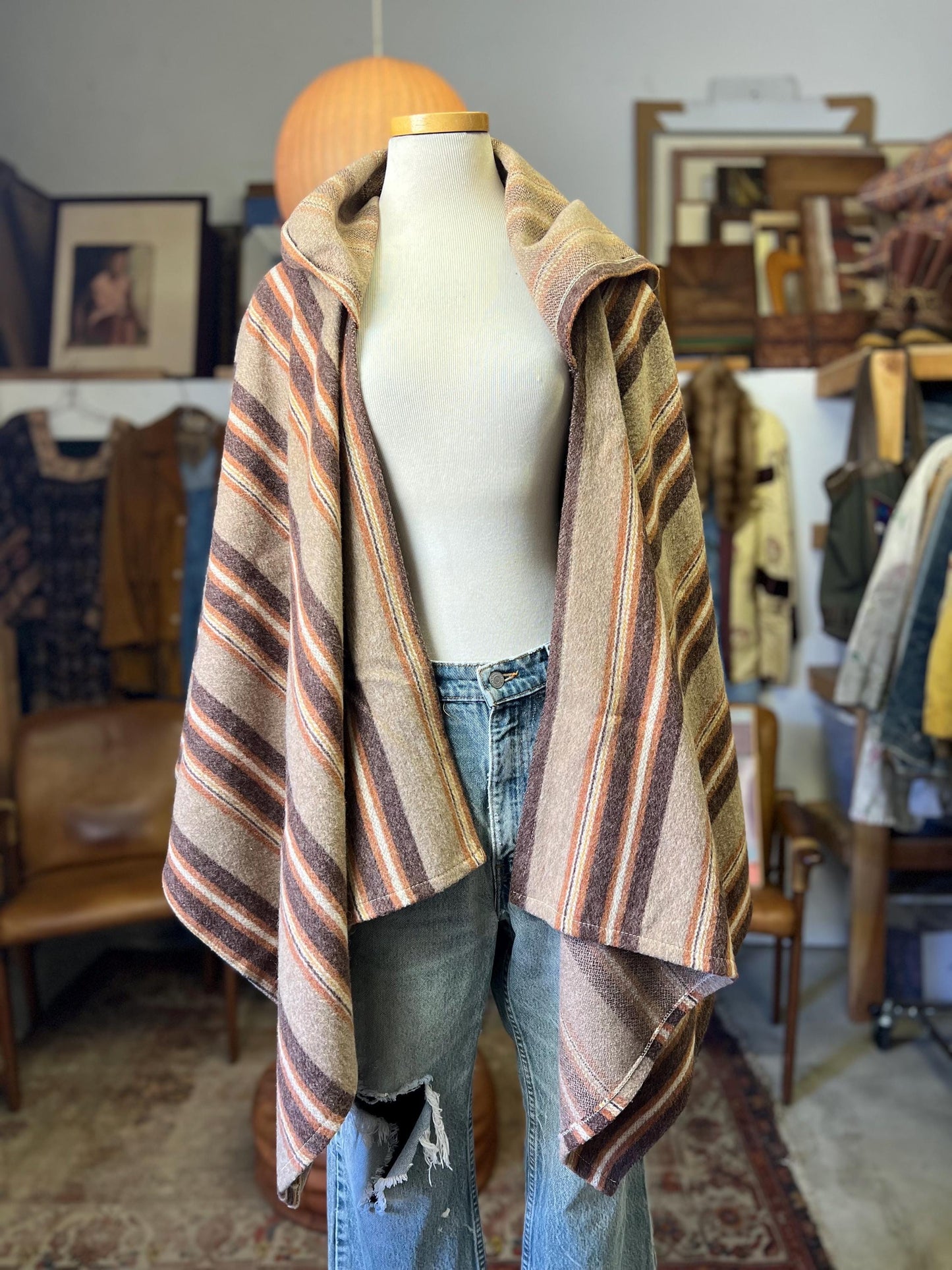 Vintage Handmade Earthtone Hooded Poncho Wrap Sweater One Of A Kind OSFA