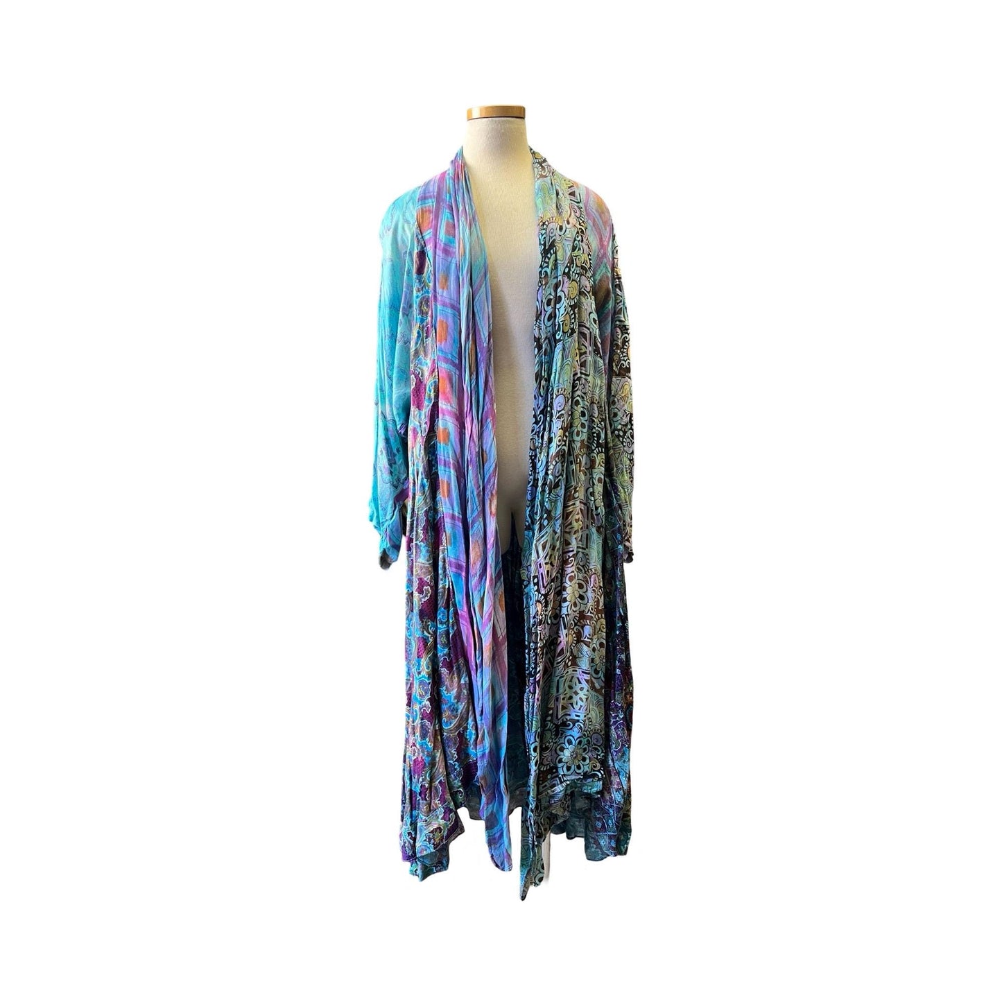 Vintage 80’s URU Printed Bohemian Kimono Wrap Dress w/ Pockets Wearable Art O/S
