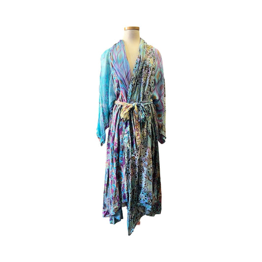 Vintage 80’s URU Printed Bohemian Kimono Wrap Dress w/ Pockets Wearable Art O/S