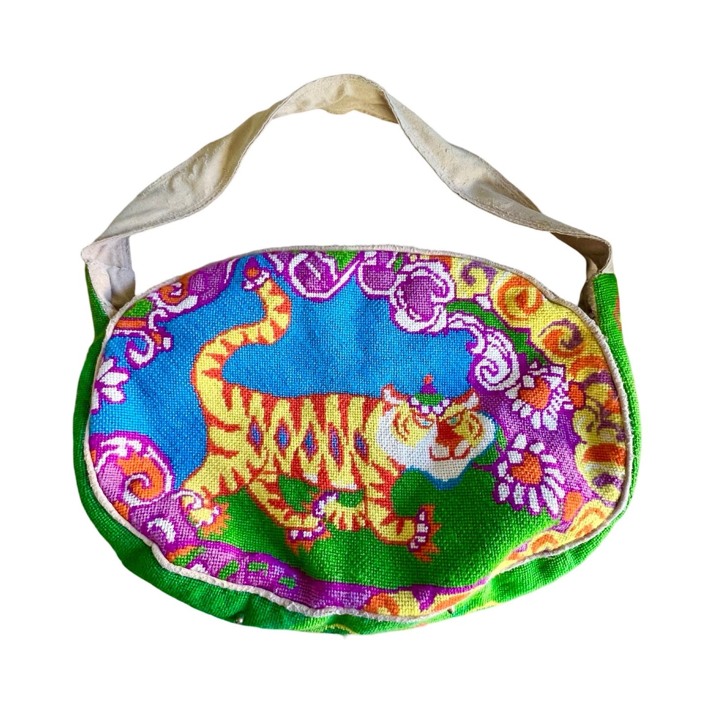 Rare Vintage Handmade Needlepoint Purse Double Sided Elephant & Tiger
