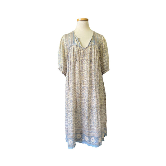 Vintage India Block Print Cotton Gauze Dress Gold Lurex &  Pockets Made In India