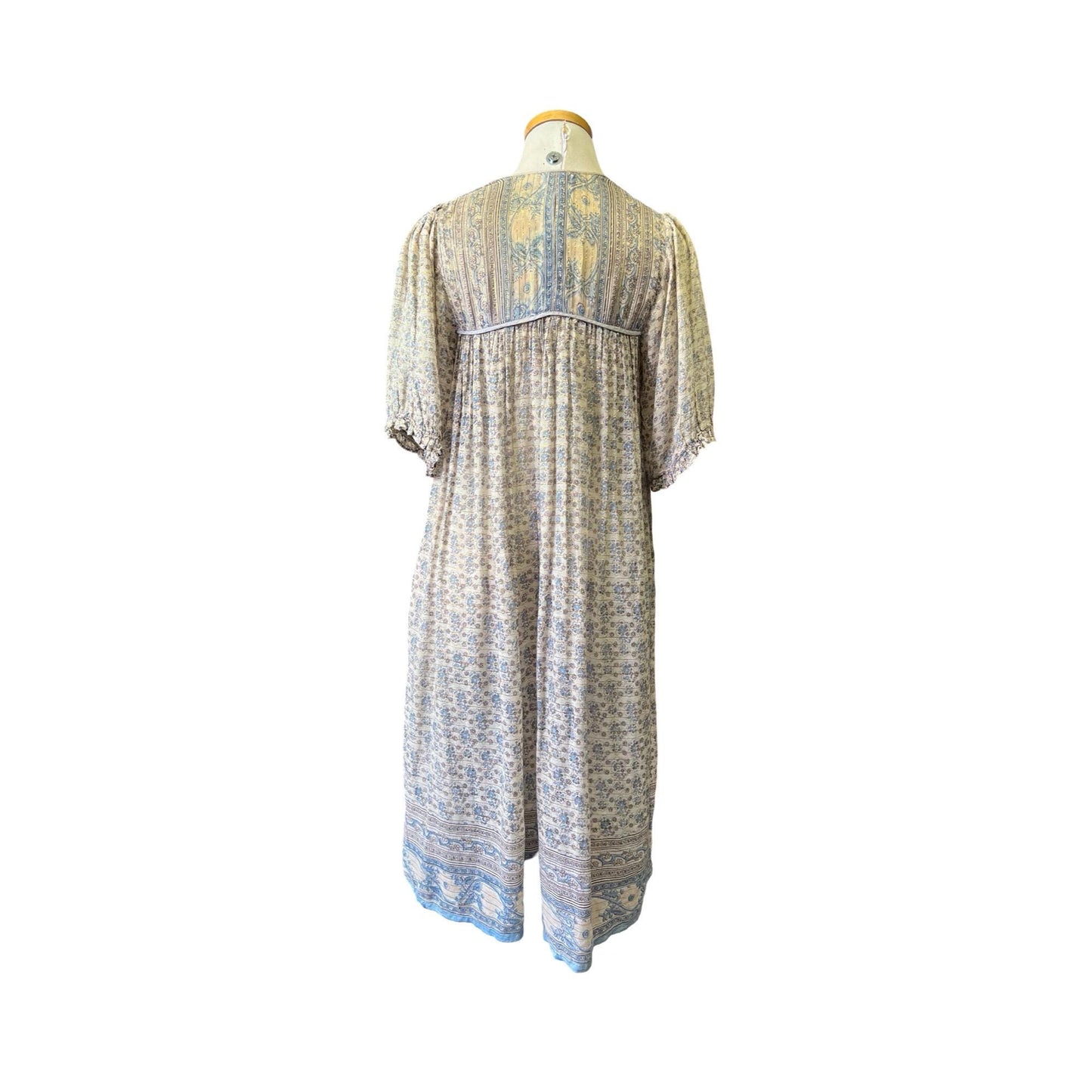 Vintage India Block Print Cotton Gauze Dress Gold Lurex & Pockets Made In India