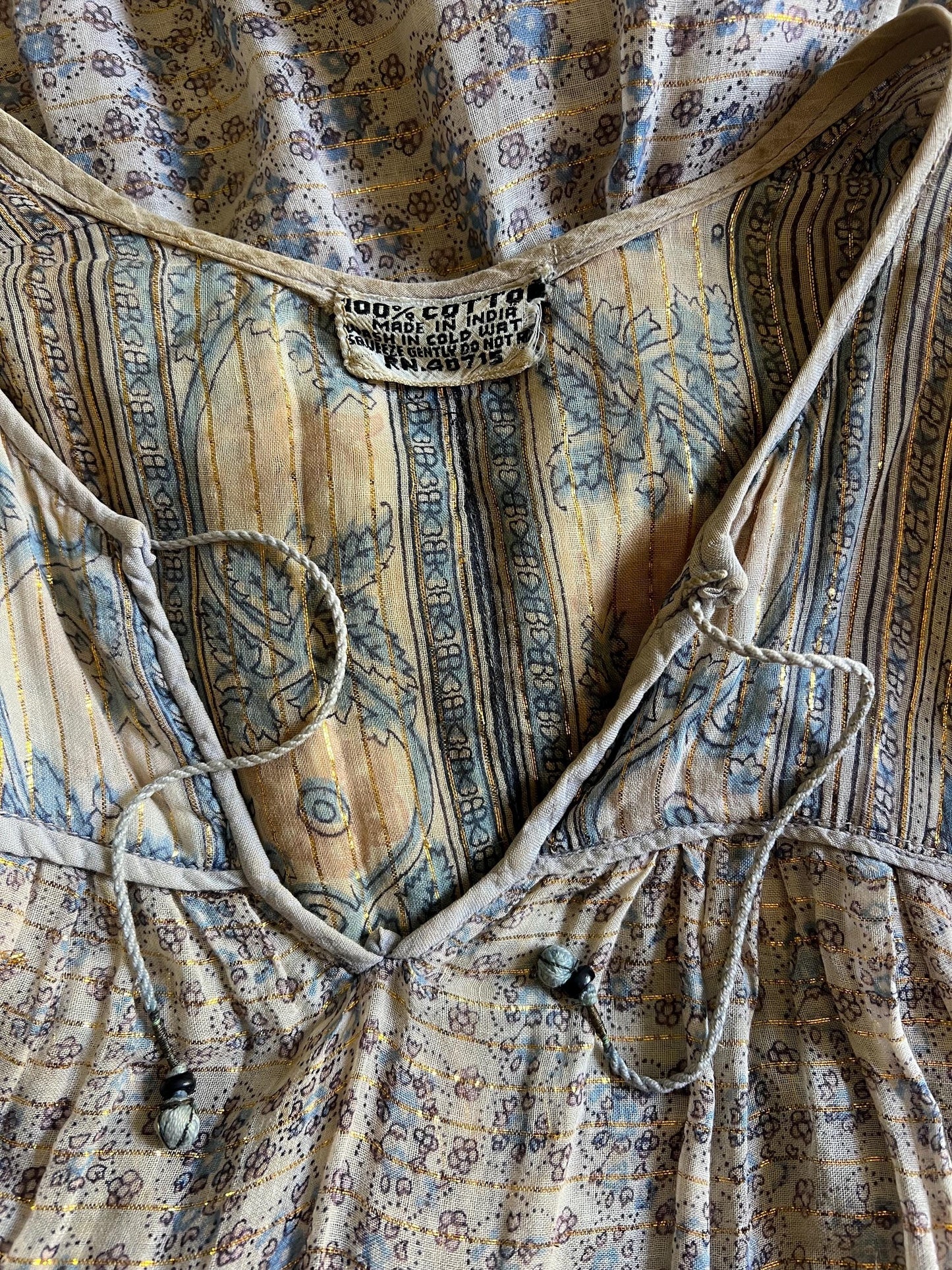 Vintage India Block Print Cotton Gauze Dress Gold Lurex & Pockets Made In India