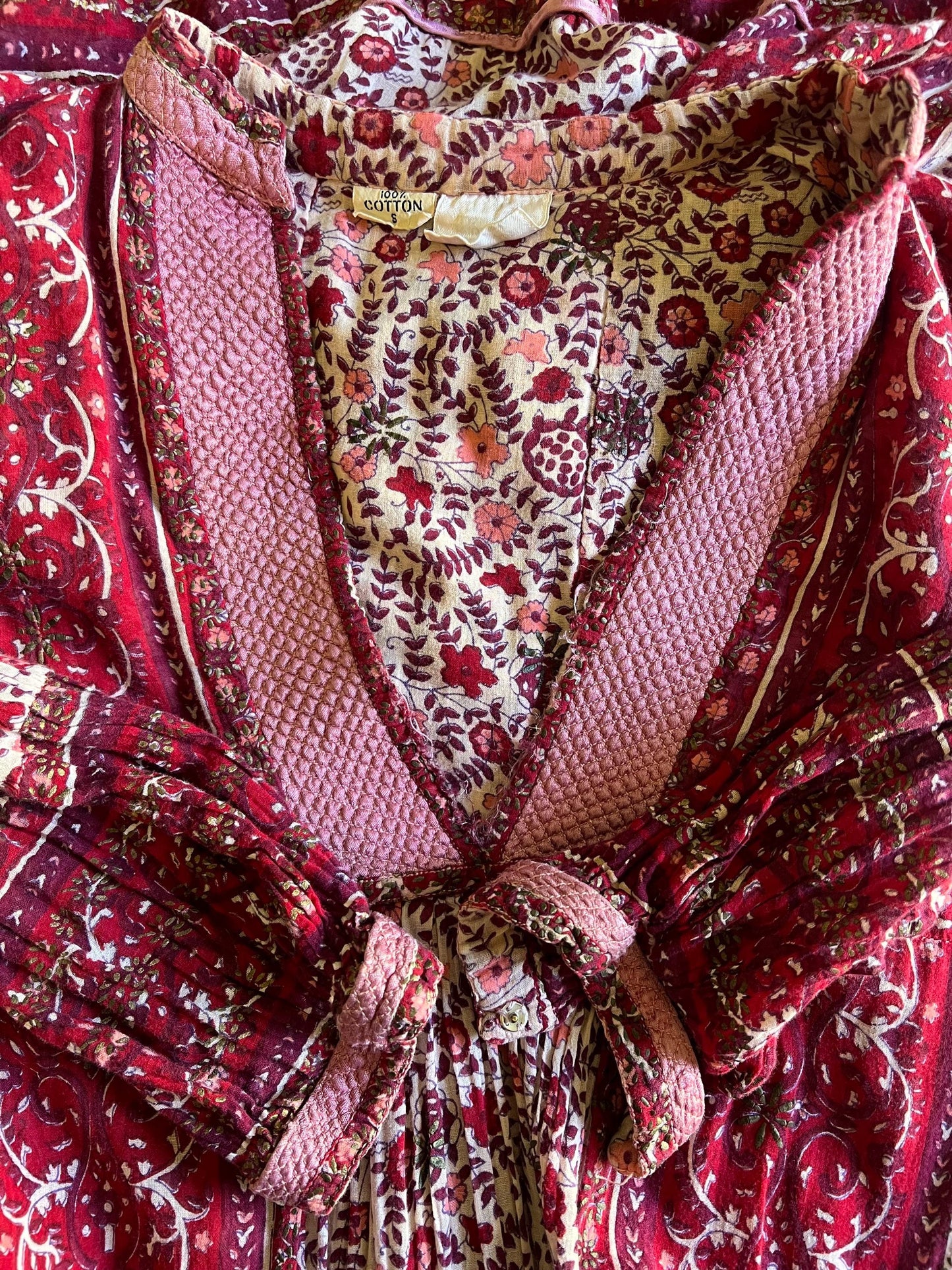 Vintage 70's India Gauze Block Print Midi Dress