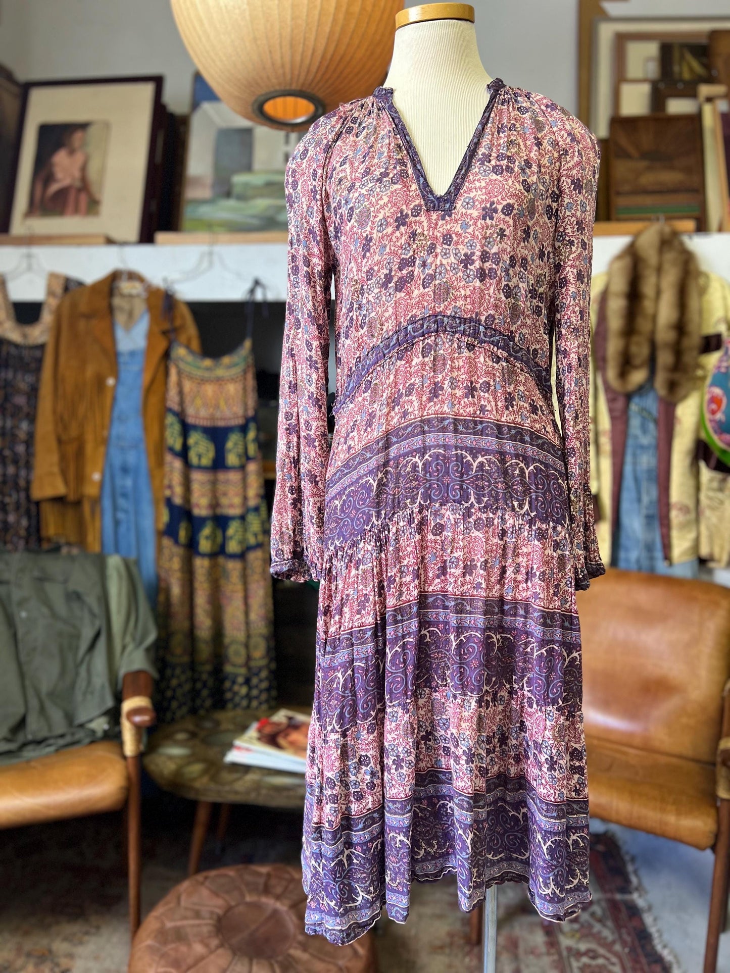 Vintage 70's India Sheer Gauze Block Print Dress XXS