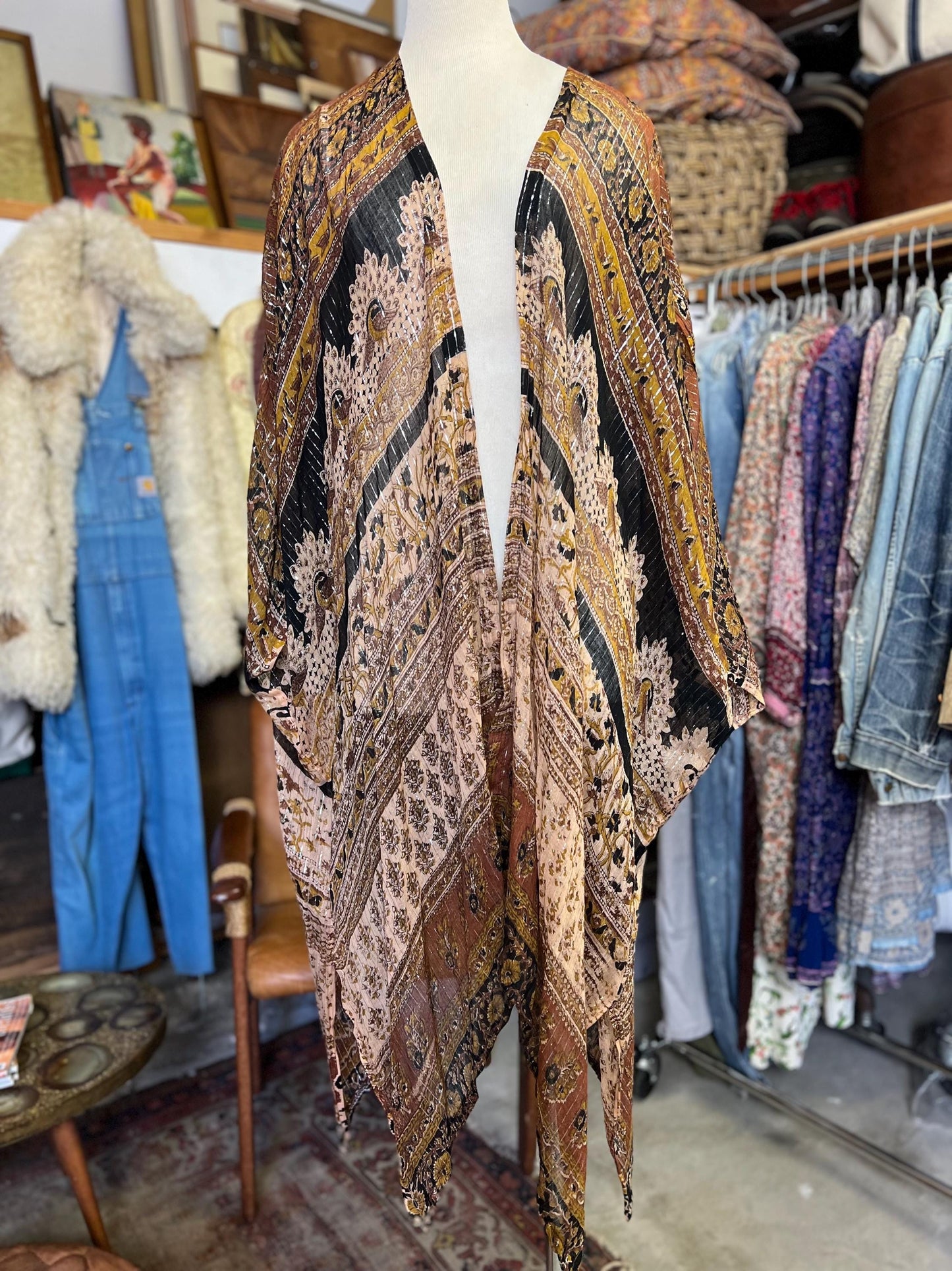 Vintage India Gauze Reworked Kimono Cape Silver Lurex O/S