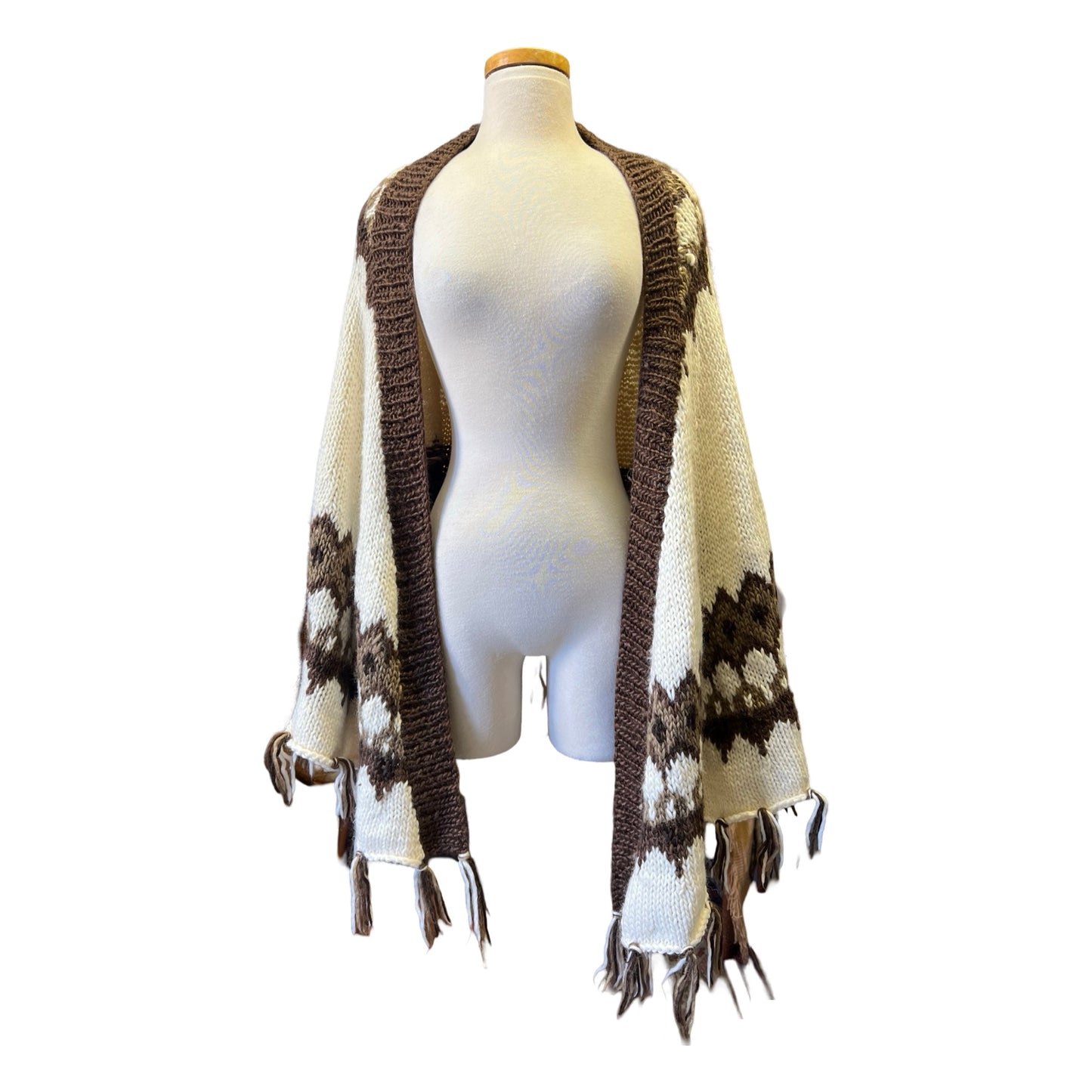 Vintage Alpaca Hand Knit Shawl Wrap Cape Scarf Sweater Cowichan Fringe O/S