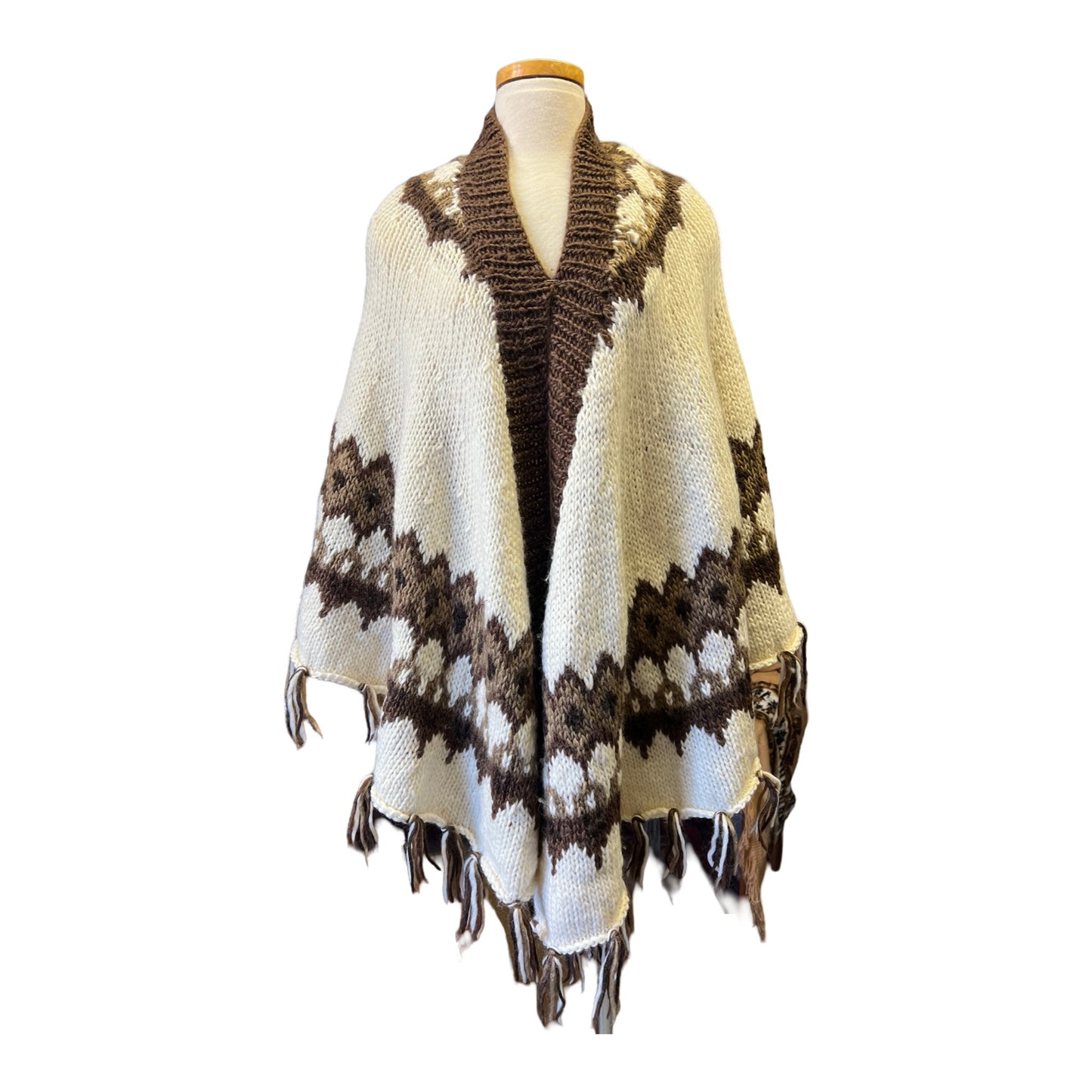 Vintage Alpaca Hand Knit Shawl Wrap Cape Scarf Sweater Cowichan Fringe O/S