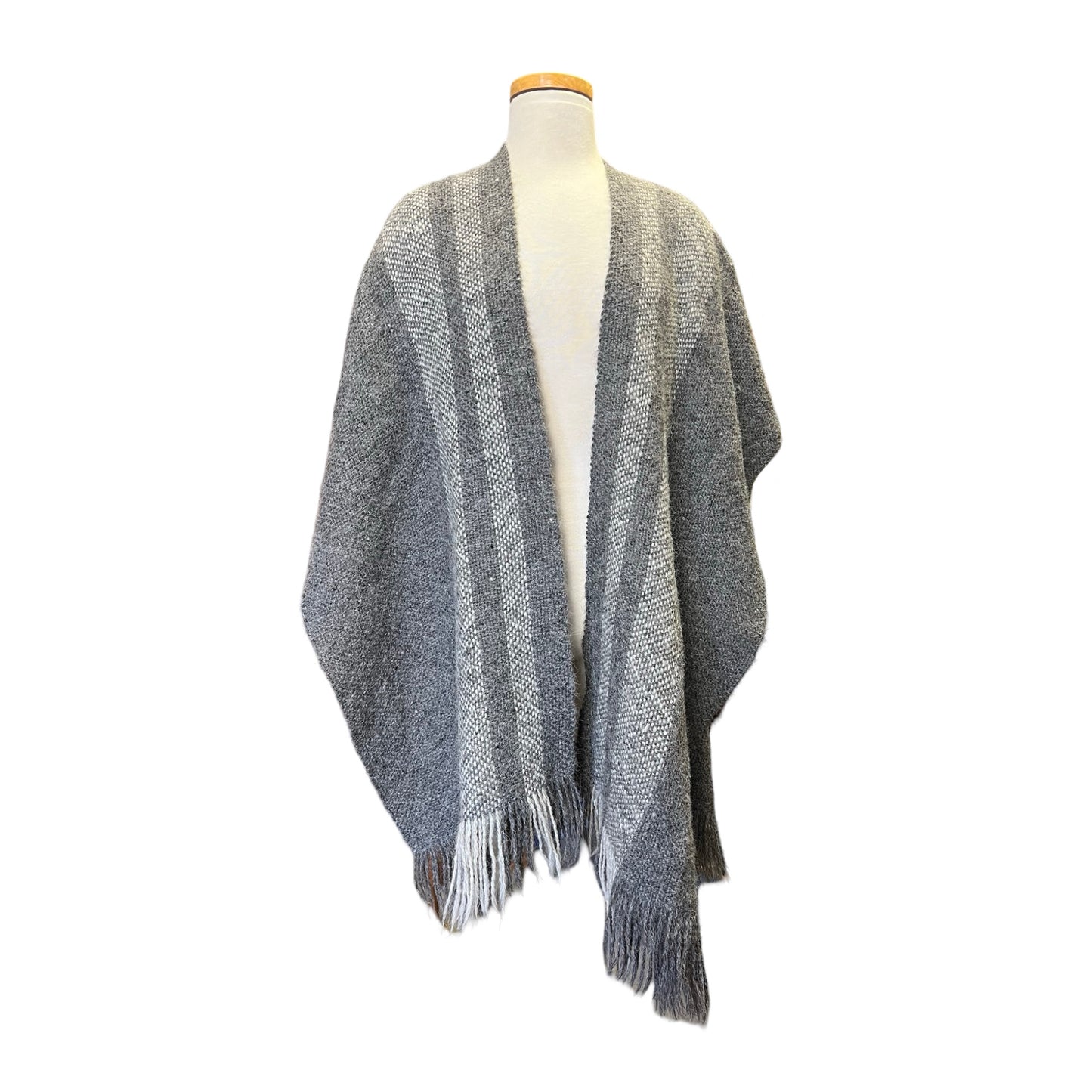 Vintage Bohemian Hand Knit Shawl Sweater Cape Wrap Fringe Trim Gray Tones