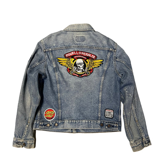 Rare Vintage 80’s Powell Peralta Bones Brigade Patch Levi’s Denim Trucker Jacket 42