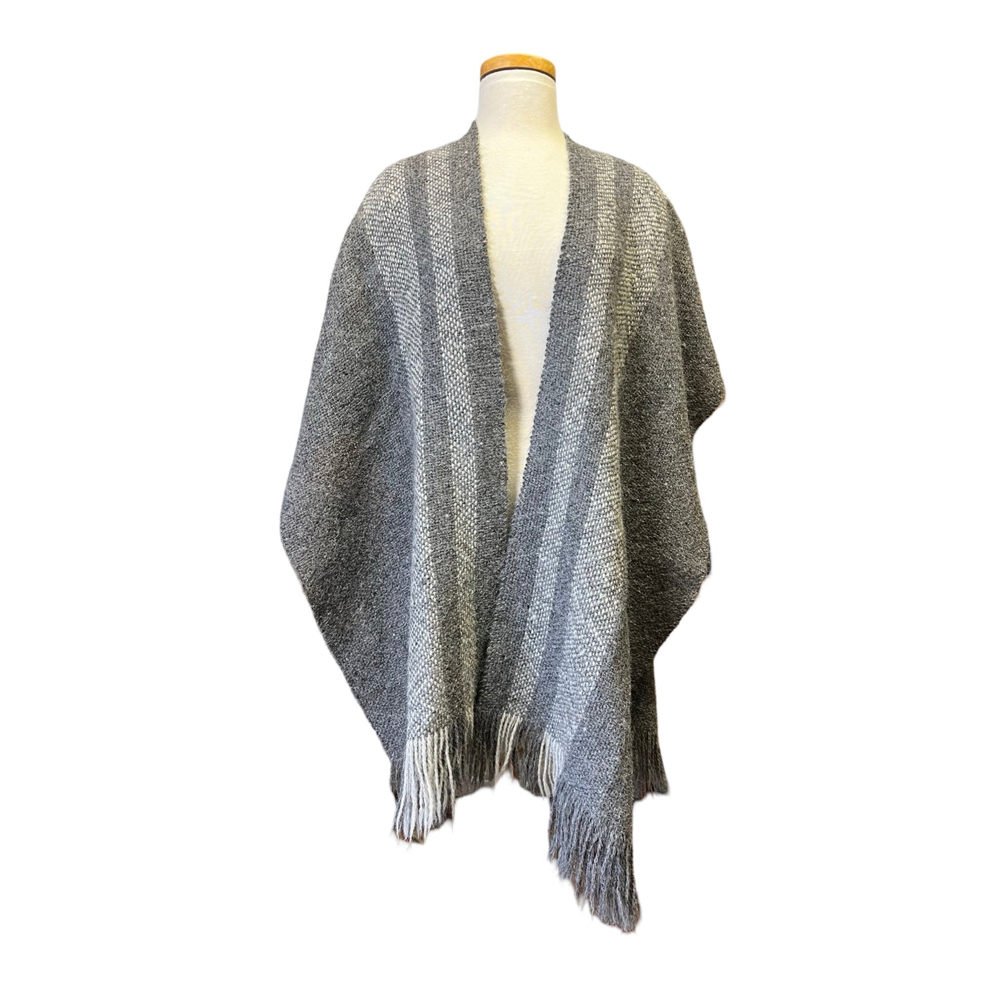 Vintage Bohemian Hand Knit Shawl Sweater Cape Wrap Fringe Trim Gray Tones