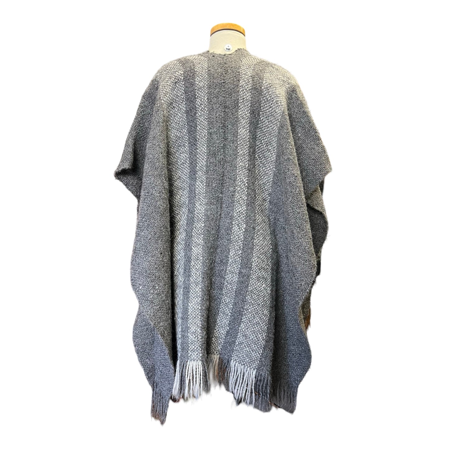 Vintage Bohemian Hand Knit Shawl Sweater Cape Wrap Fringe Trim Gray Tones