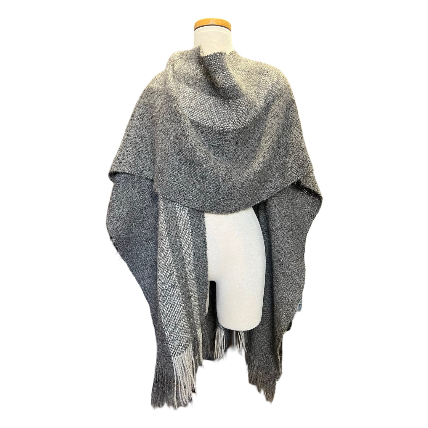 Vintage Bohemian Hand Knit Shawl Sweater Cape Wrap Fringe Trim Gray Tones