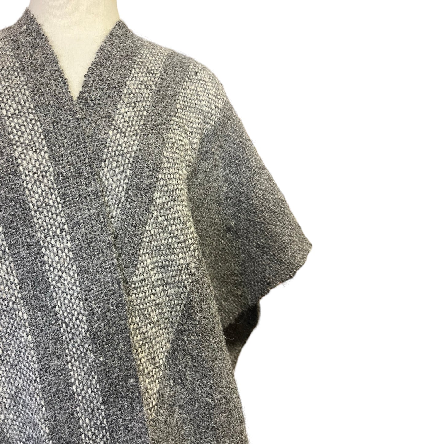 Vintage Bohemian Hand Knit Shawl Sweater Cape Wrap Fringe Trim Gray Tones
