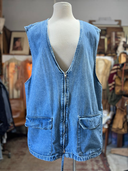 Vintage 80’s Cherokee Oversized Denim Zip Front Utility Vest XXL