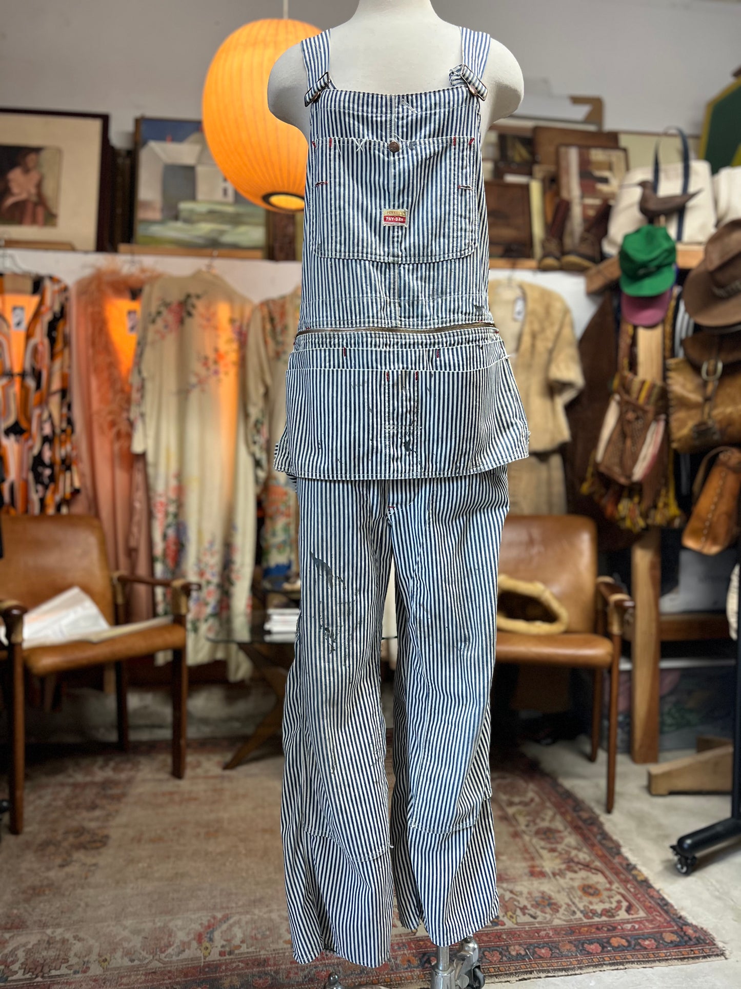 Very Rare Vintage 1940’s/50's Distressed Pay Day Square Bak Union Made Sanforized Sail Cloth Hickory Striped Apron Bib Overalls