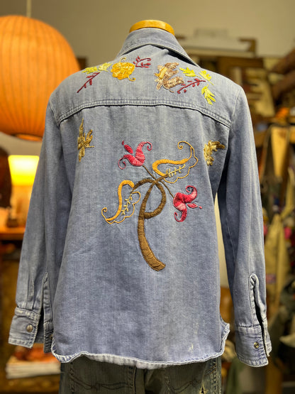 Vintage Rare 70’s KMart Hippie Denim Embroidered Metal Snap Front Shirt One Of A Kind Bohemian Treasure!