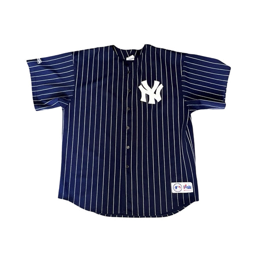 Vintage 90’s New York Yankees Pinstripe Majastic Baseball Button Front Oversized Jersey XXL Y2K