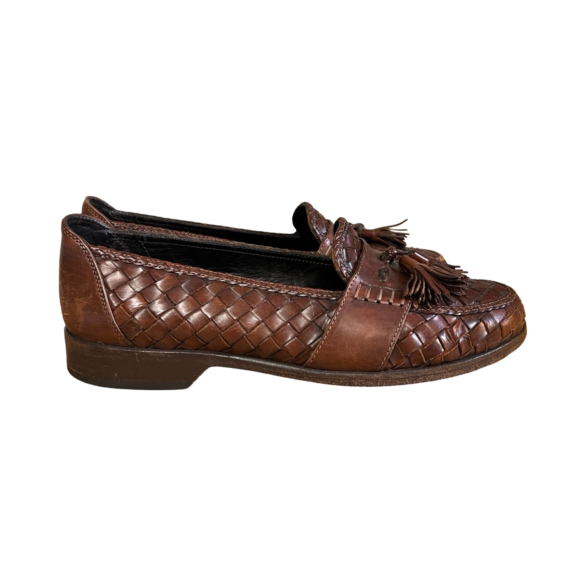 Vintage Bragano Distressed Woven Leather Tassel Loafers Made In