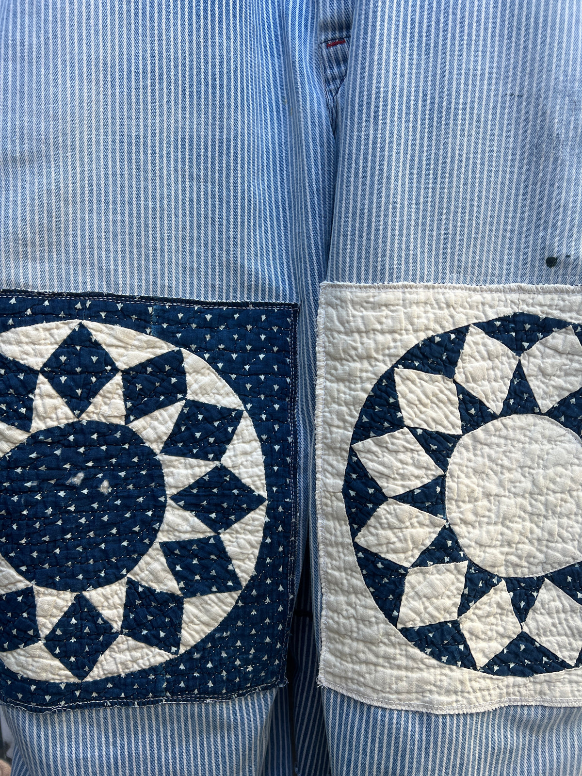 Vintage Round House Engineer Striped Overalls a/ Quilt Square Knee Patches