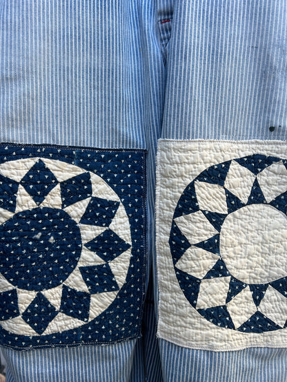 Vintage Round House Engineer Striped Overalls a/ Quilt Square Knee Patches