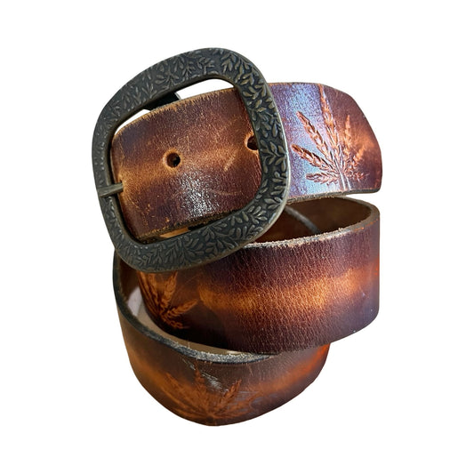 Vintage 70’s Hand Tooled Weed Leaf Brass Buckle Belt